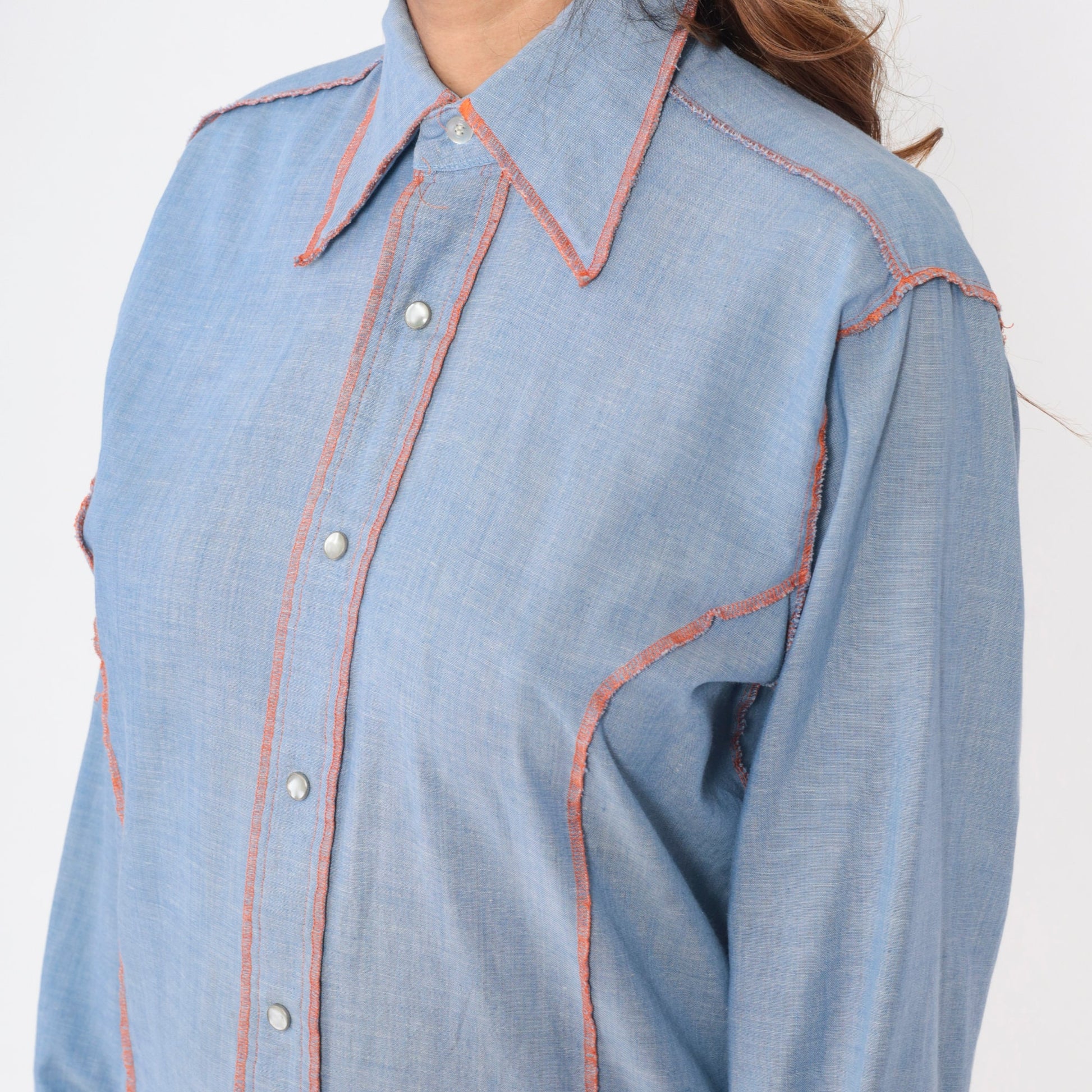 70s Andy New York Chambray Shirt Pearl Snap Western Dagger Collar Medium