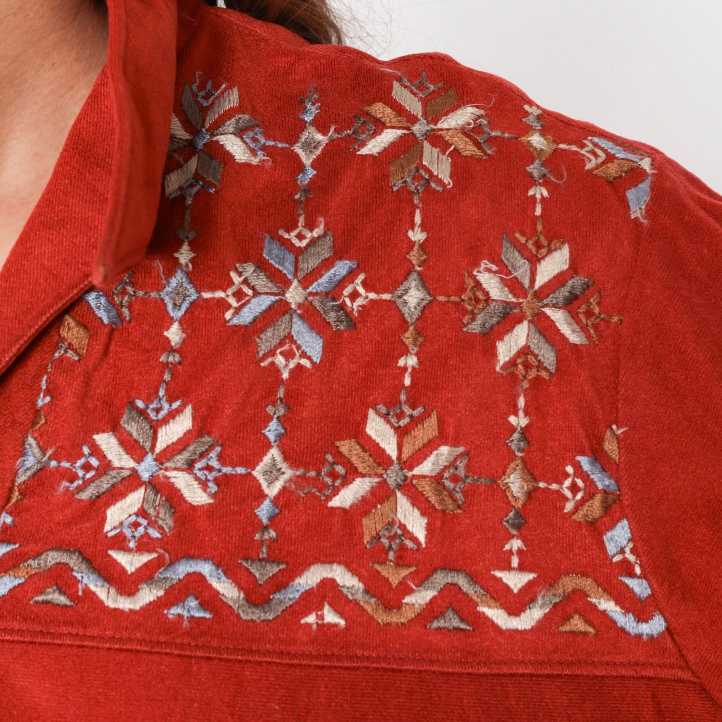 70s Spire Rust Shirt Geometric Embroidered Dagger Collar Button Up Extra Large