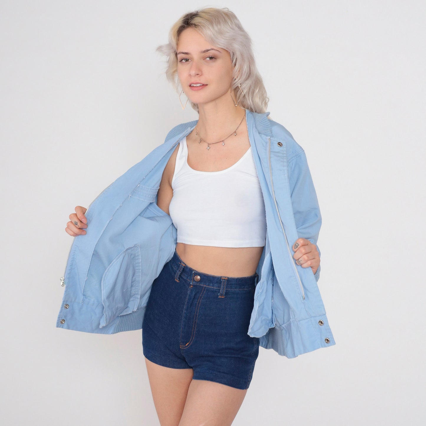 80s Baby Blue Bomber Jacket Windbreaker Zip Snap Front Medium