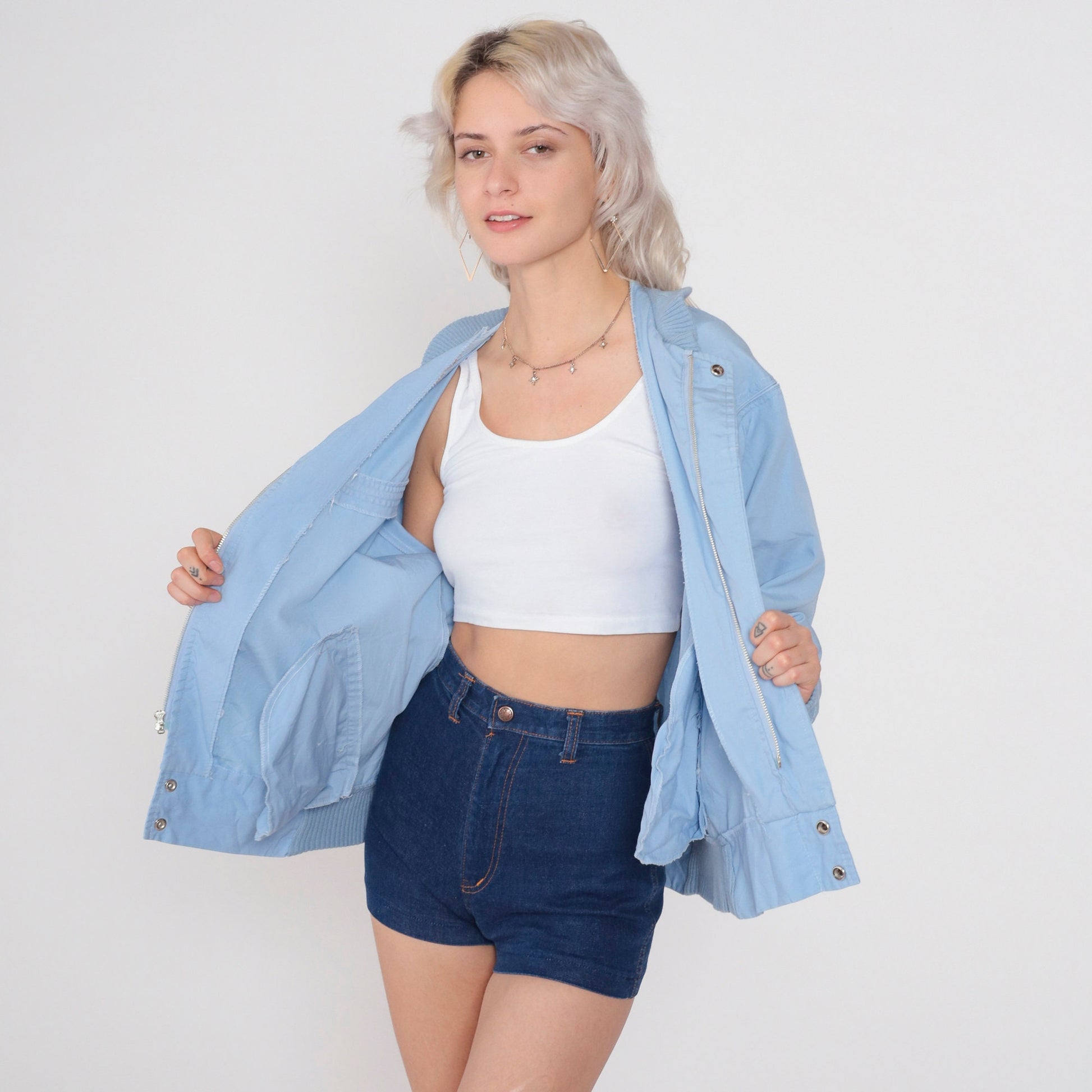 80s Baby Blue Bomber Jacket Windbreaker Zip Snap Front Medium