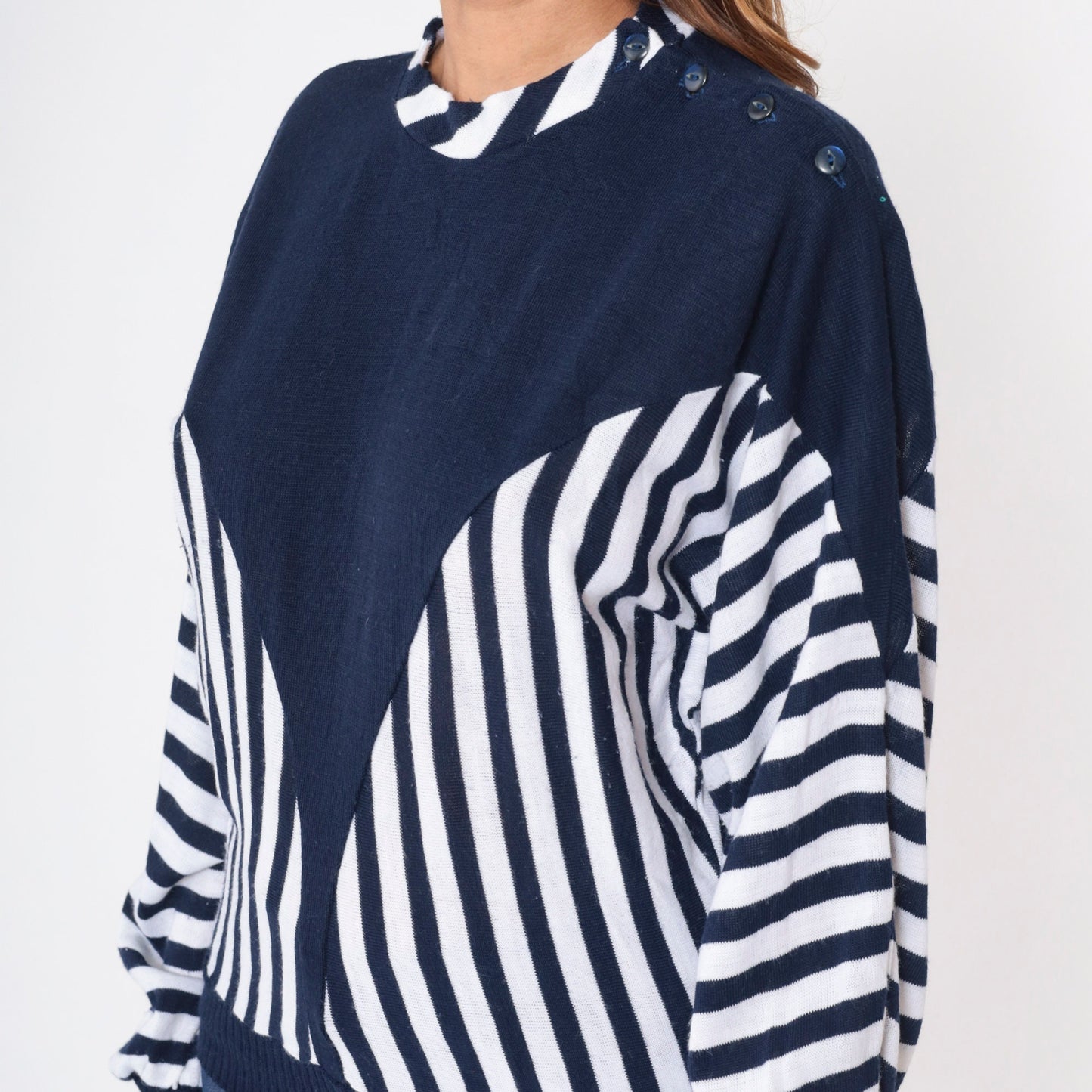 80s Clo Clo Striped Colorblock Knit Sweater Blue White Dolman Sleeve Small Medium