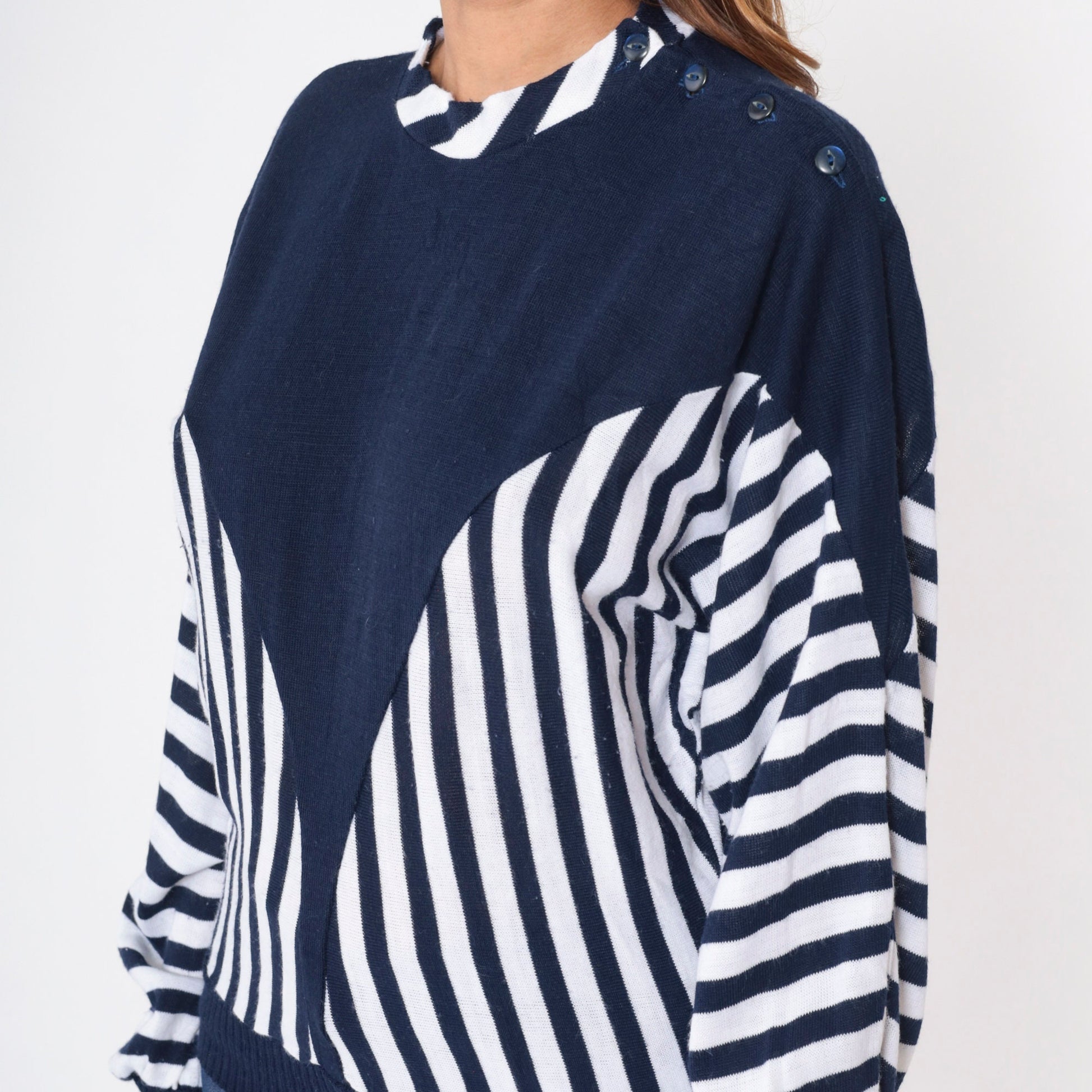 80s Clo Clo Striped Colorblock Knit Sweater Blue White Dolman Sleeve Small Medium