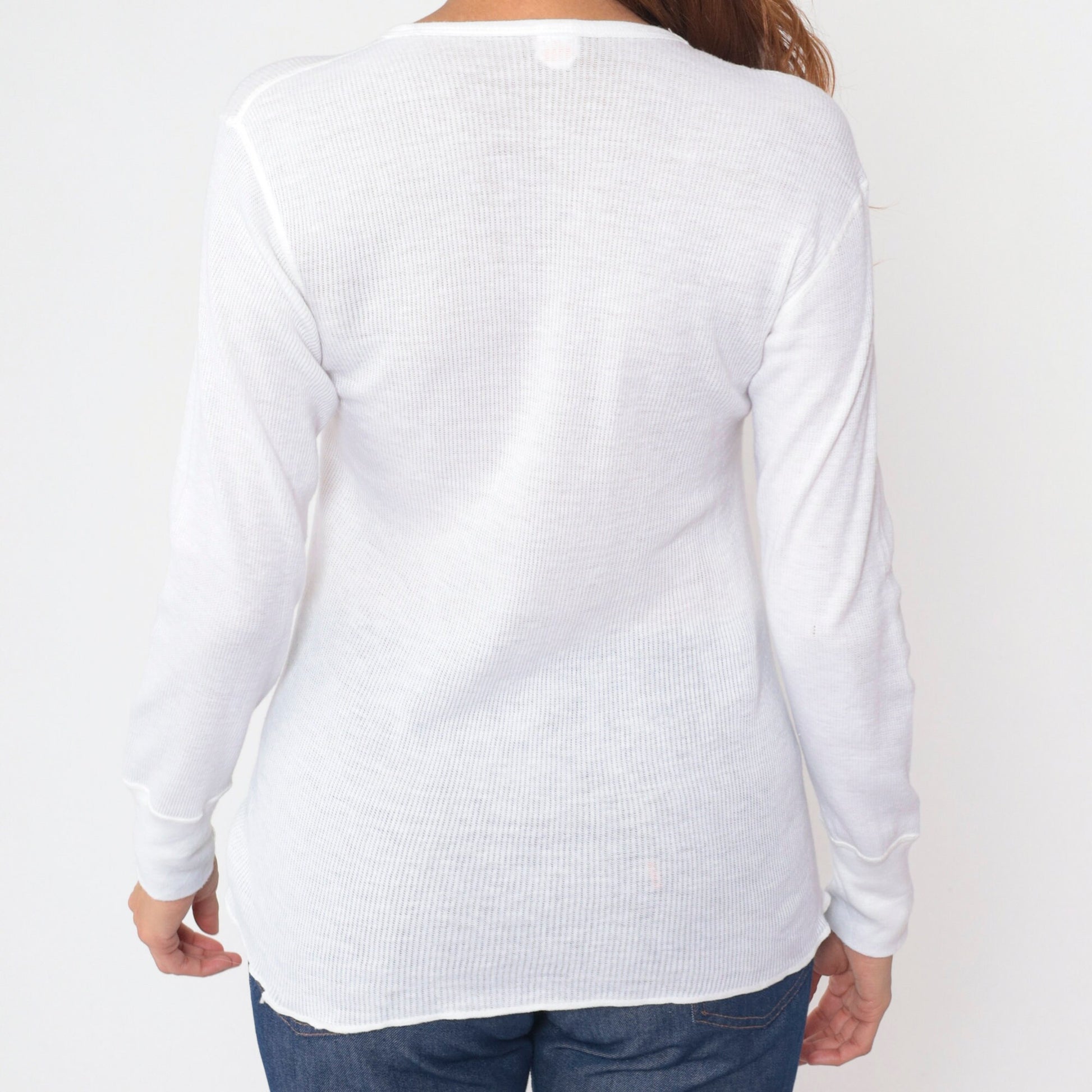 80s White Thermal Waffle Knit Long Sleeve Undershirt Medium