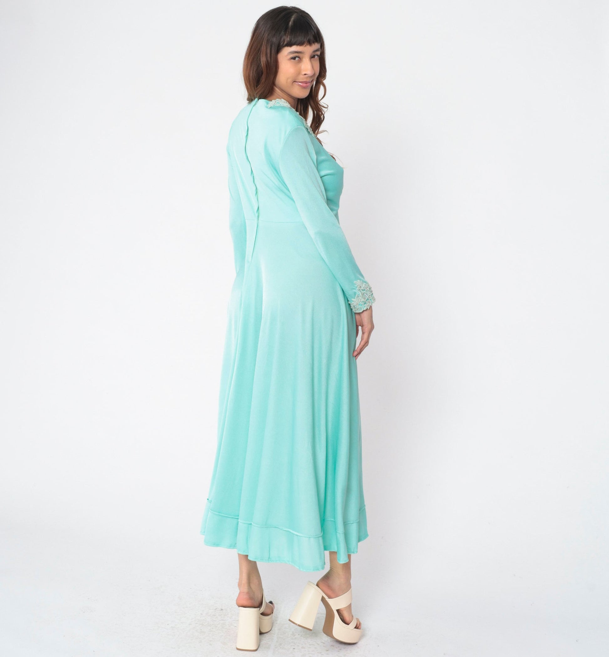 70s Seafoam Floral Beaded Maxi Dress Long Sleeve Empire Waist Medium