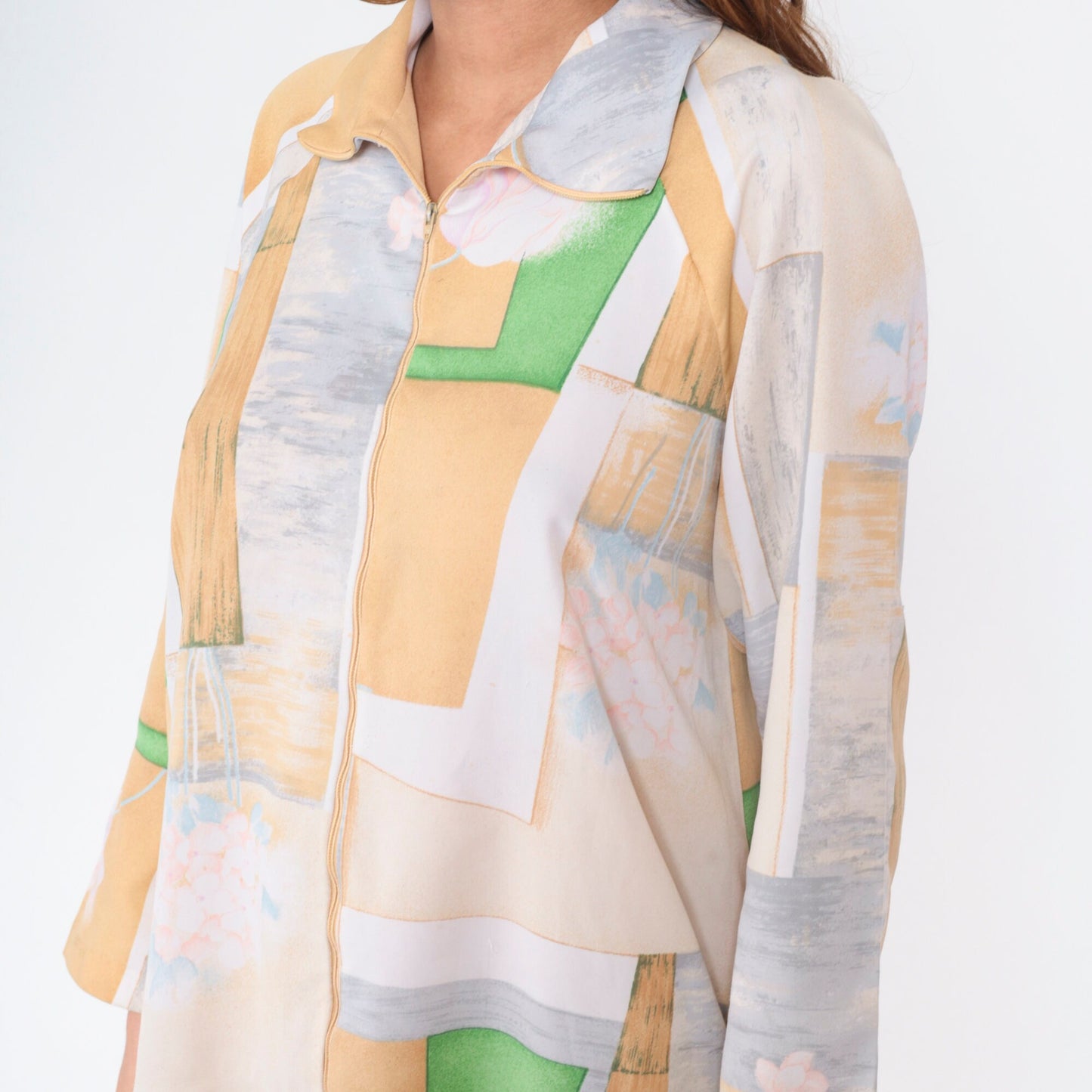70s Abstract Floral Mini Dress Long Sleeve Zip Front Shift Medium M