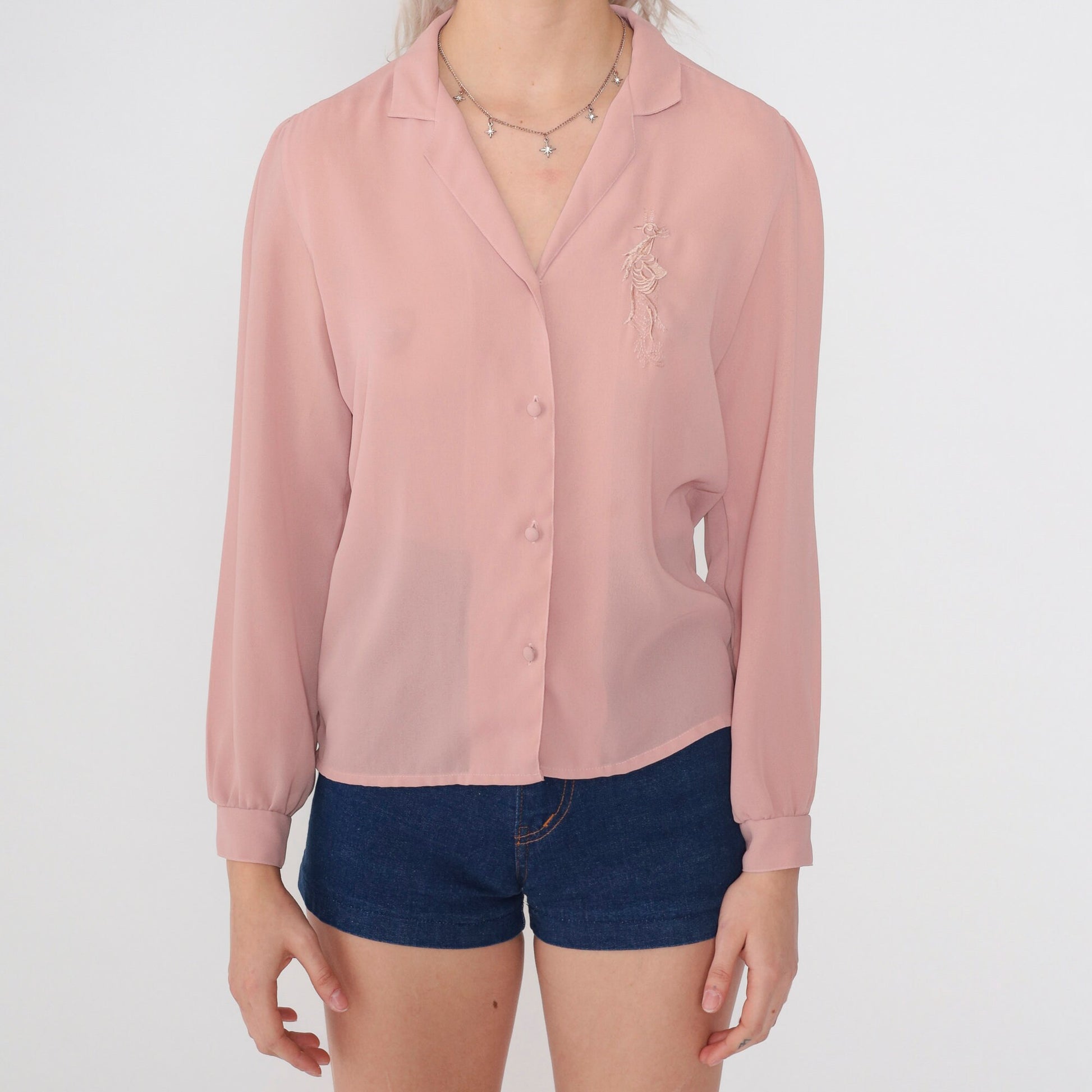 80s Blush Pink Embroidered Peacock Button-Up Blouse Long Sleeve Small
