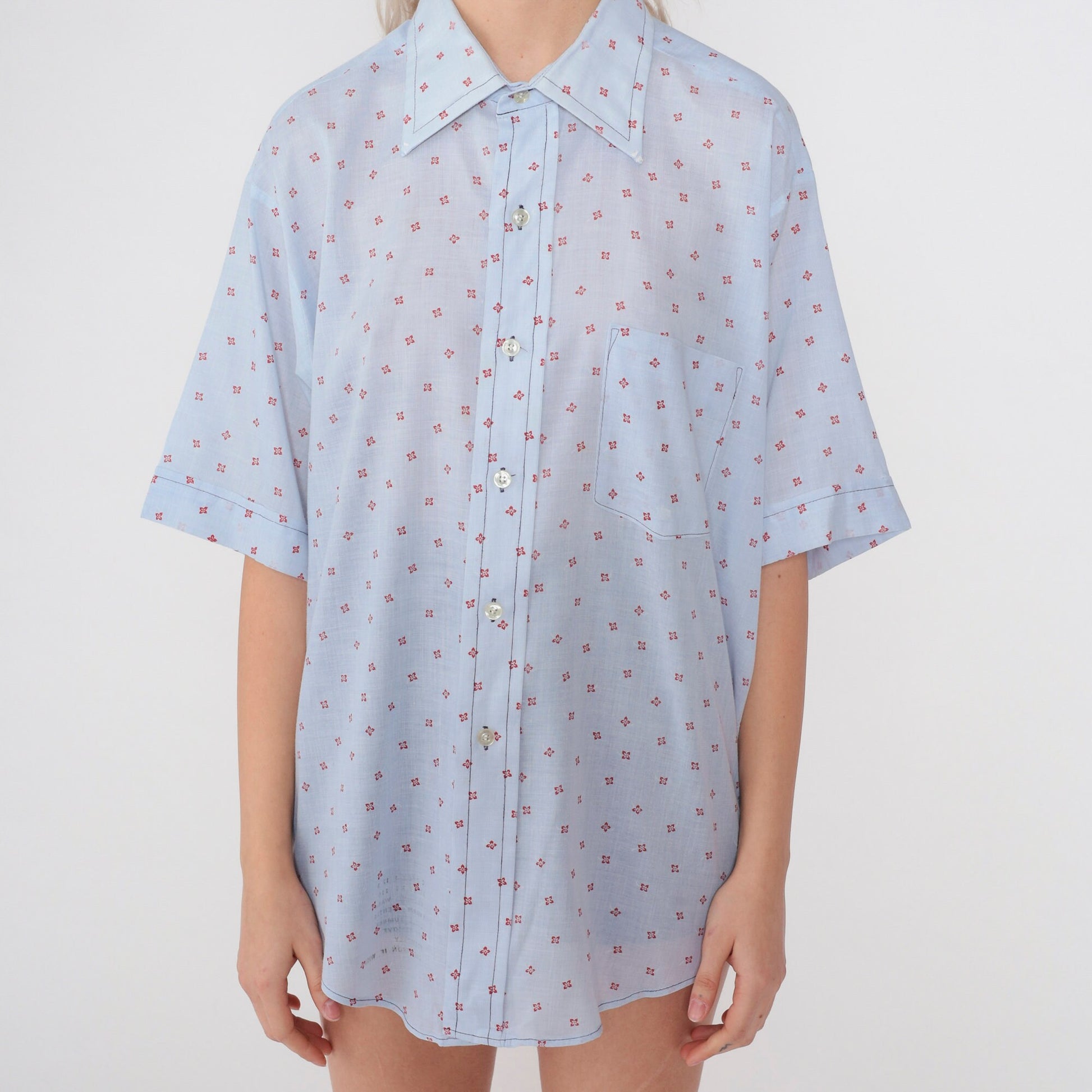 70s Van Heusen Floral Button-Up Shirt Baby Blue Flower Print Men's XXL