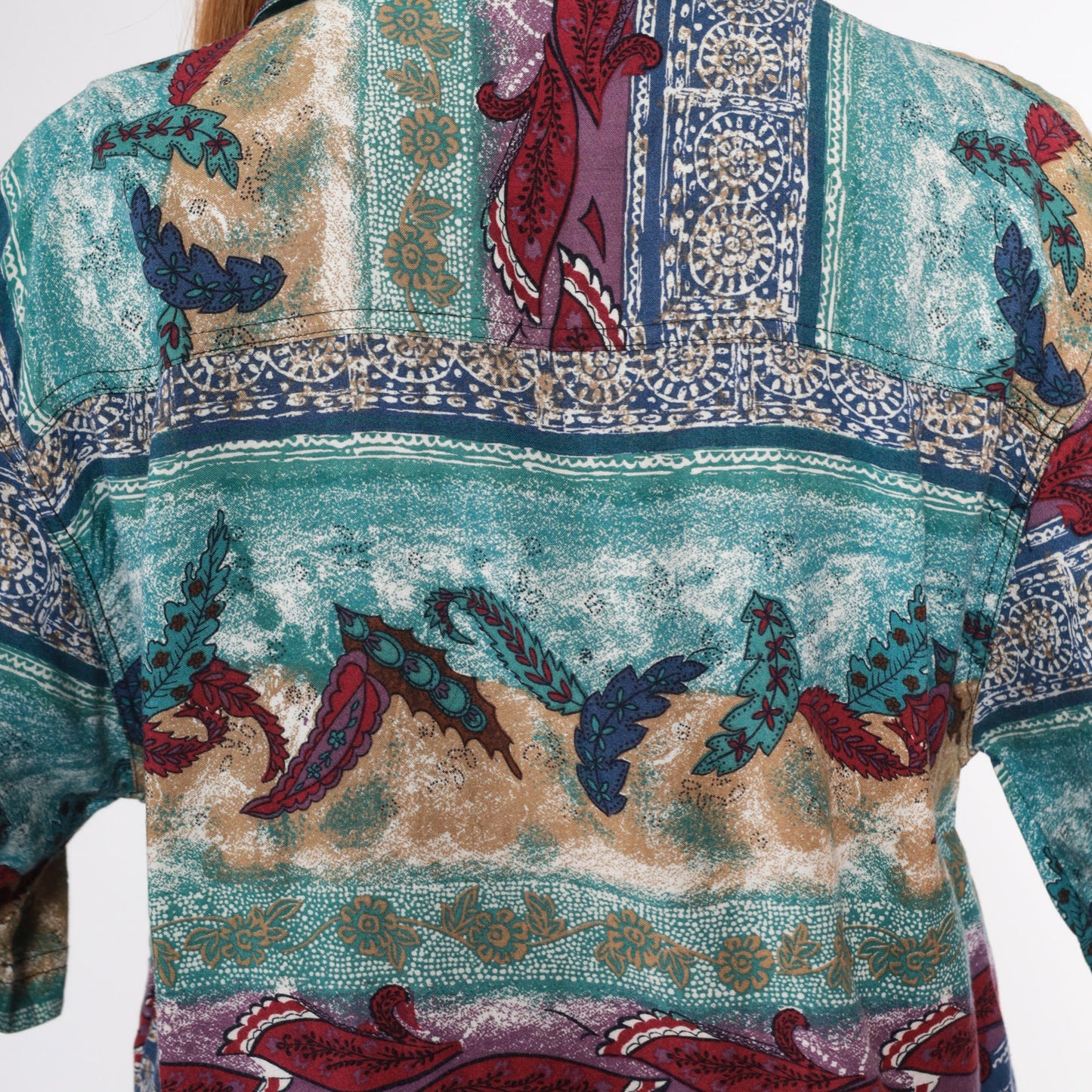 90s Indian Mandala Leaf Button-Up Blouse Short Sleeve Floral Print Blue Red Medium M