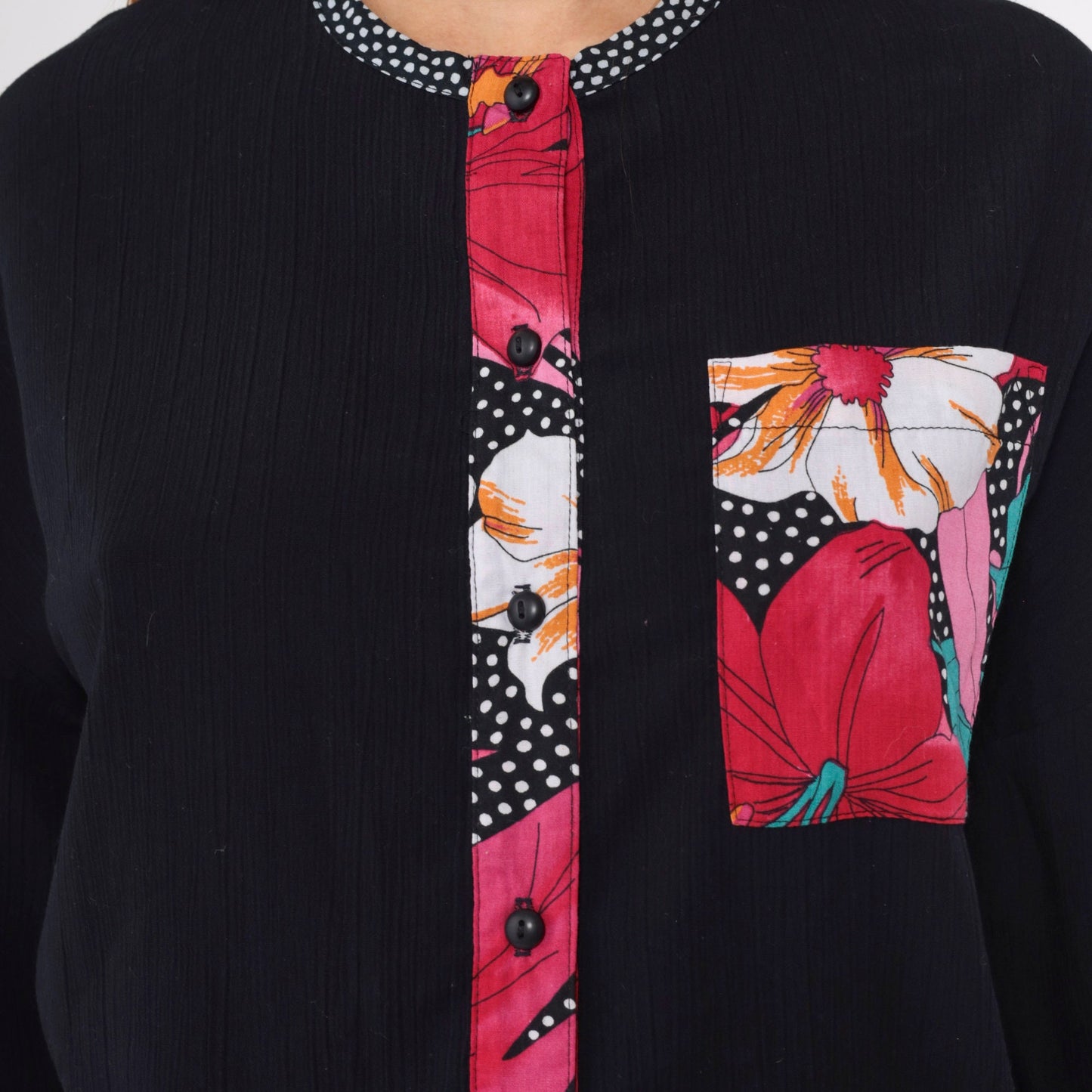 90s Black Floral Polka Dot Button Up Blouse Long Sleeve Shirt Medium M