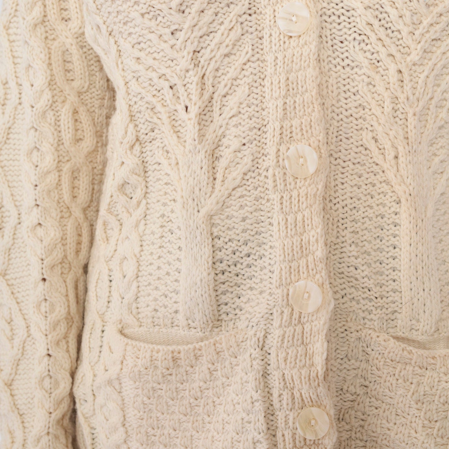 00s Kilronan Merino Wool Cable Knit Cardigan Cream Tree Print Medium M