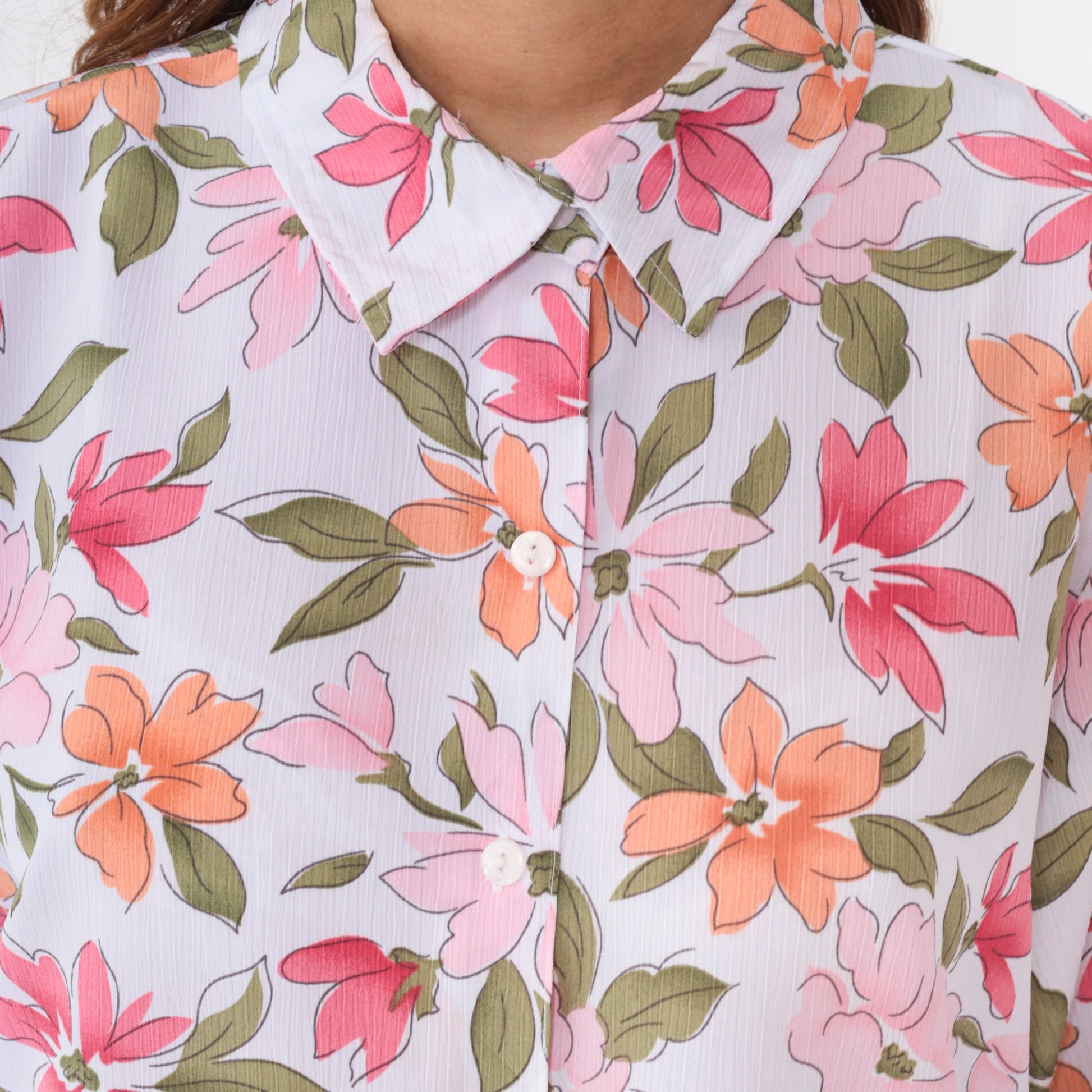 90s Bon Worth Floral Button-Up Blouse Pink Orange 3/4 Sleeve Large Petite