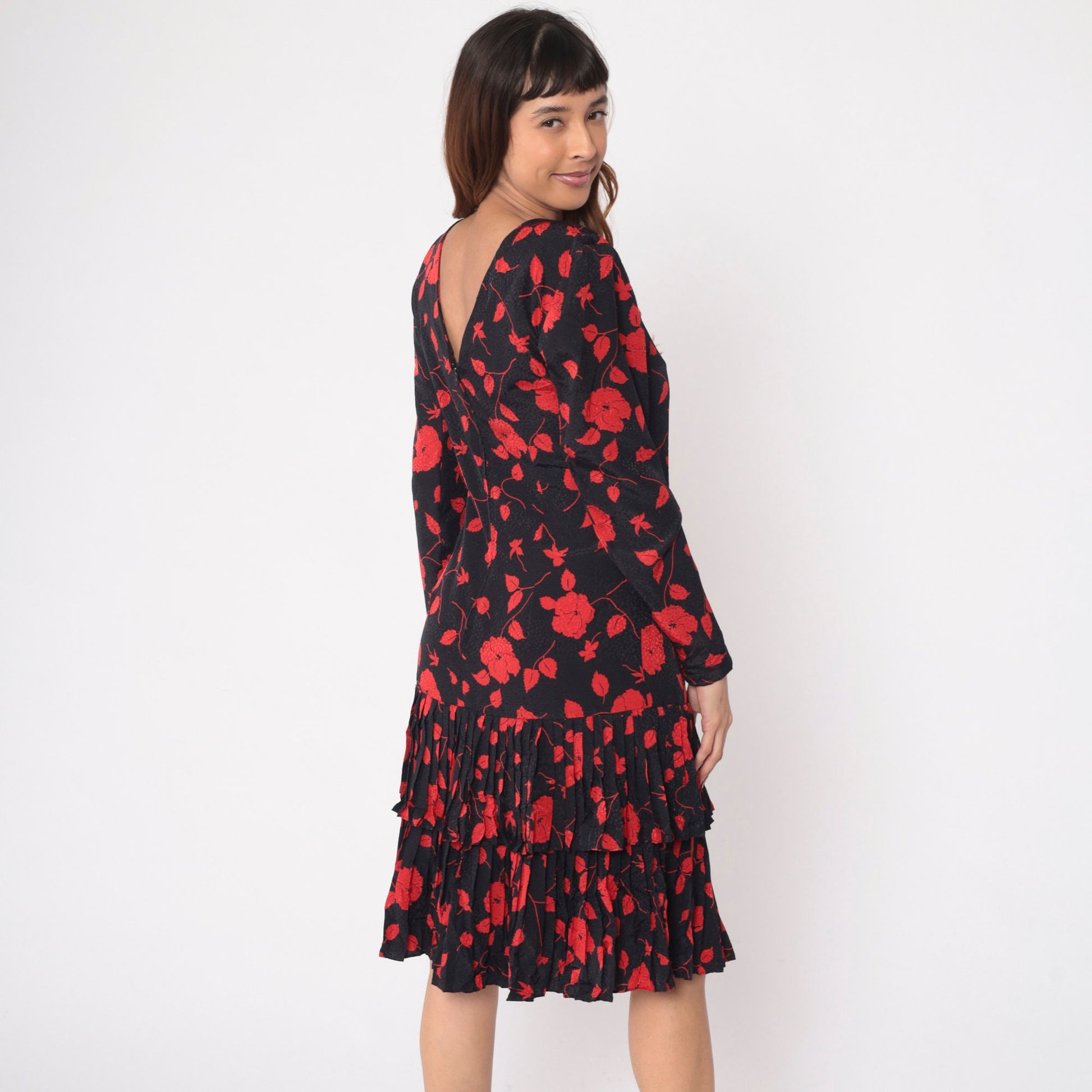 90s Liz Claiborne Black Floral Dress Red Flowers Low V Back Knee Length Medium