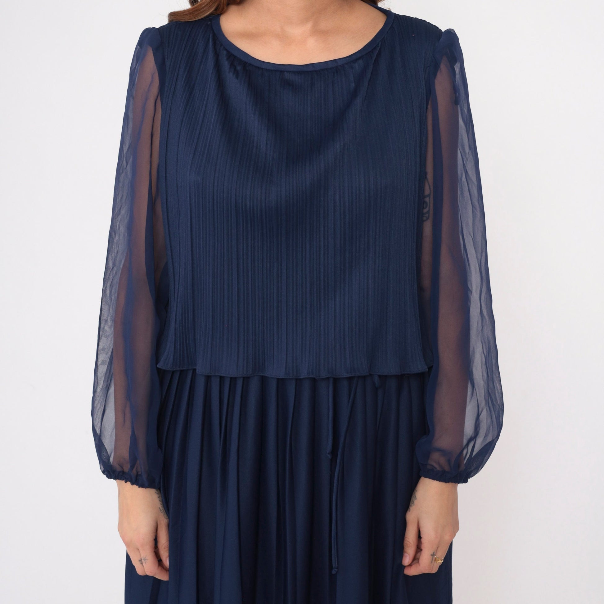 70s Navy Pleated Midi Dress Layered Bodice Sheer Chiffon Sleeves Large L