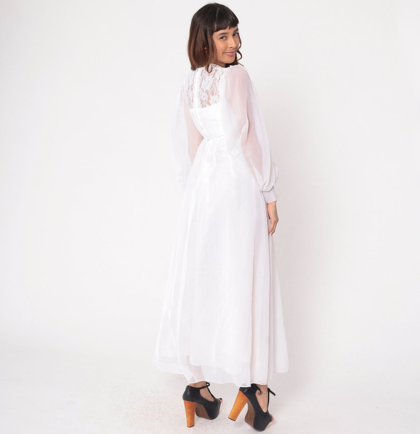 70s White Lace Maxi Wedding Dress Empire Waist Balloon Sleeve Sweetheart Neckline Extra Small