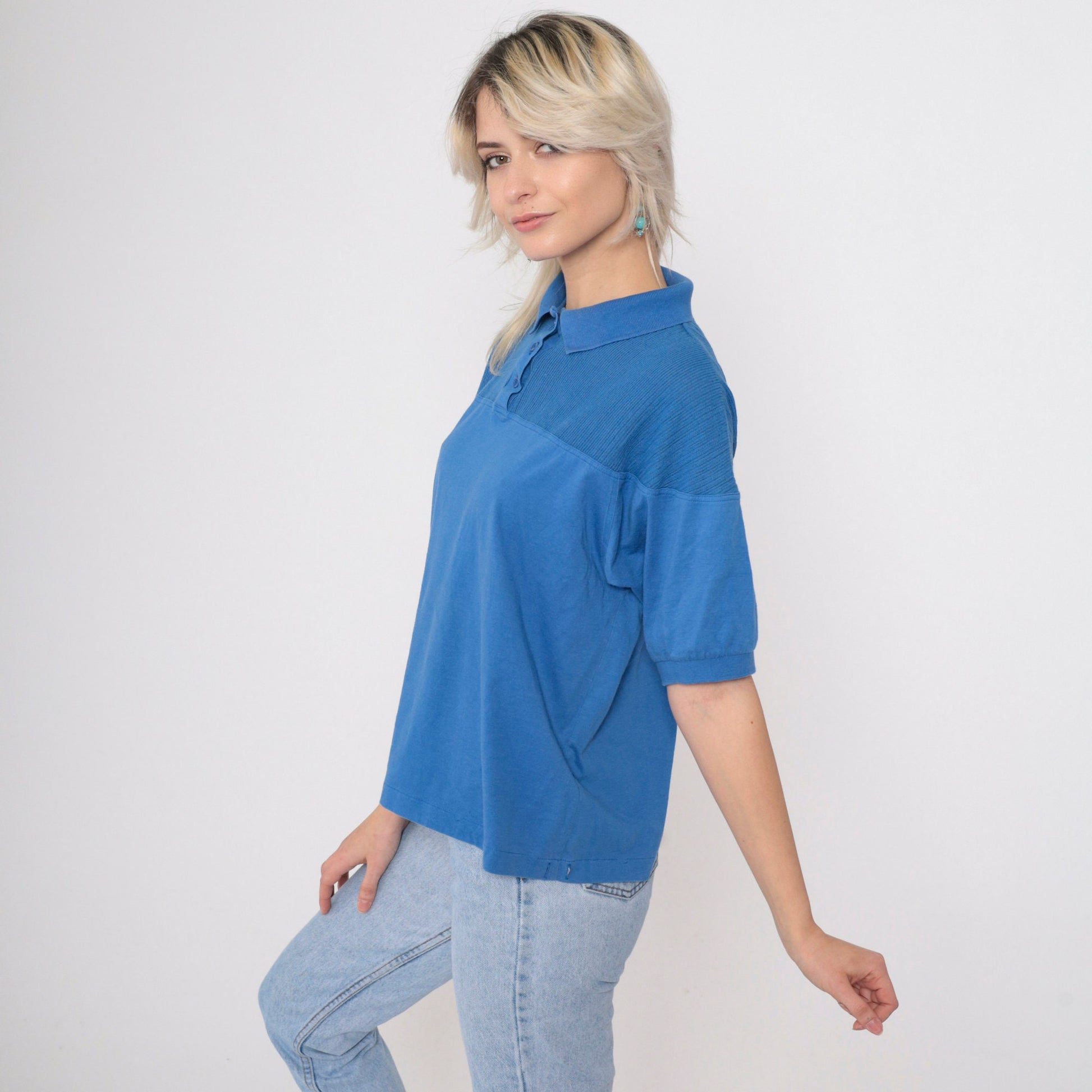 90s Blue Polo Shirt Cotton Blend Collared Short Sleeve Large