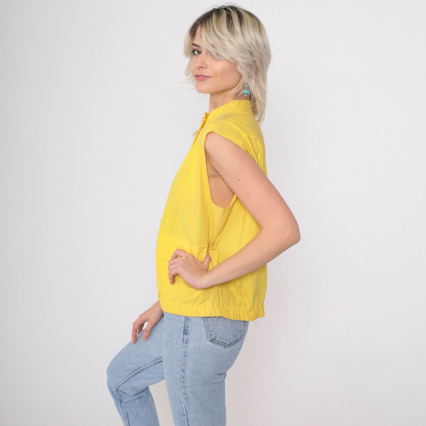 80s Jess Yellow Utility Tank Top Button-Up Vest Silver Banded Collar Medium