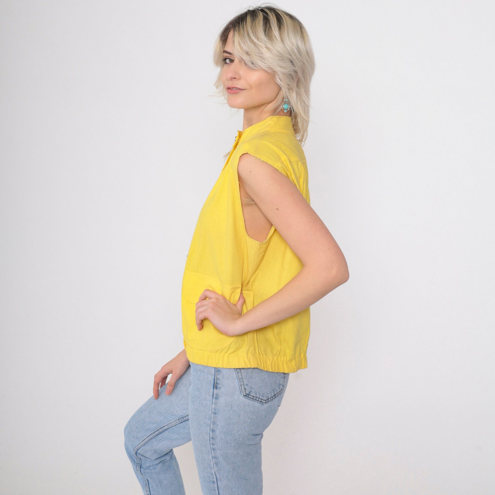80s Jess Yellow Utility Tank Top Button-Up Vest Silver Banded Collar Medium