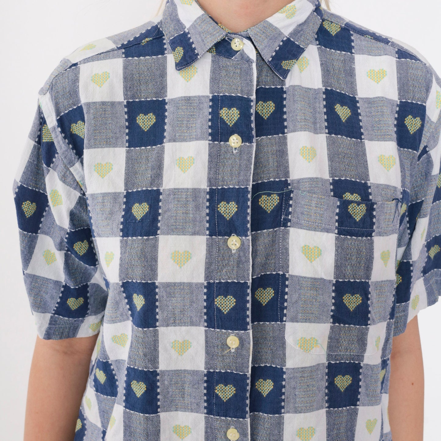 90s Blue Buffalo Plaid Shirt Embroidered Hearts Button Up Petite Medium