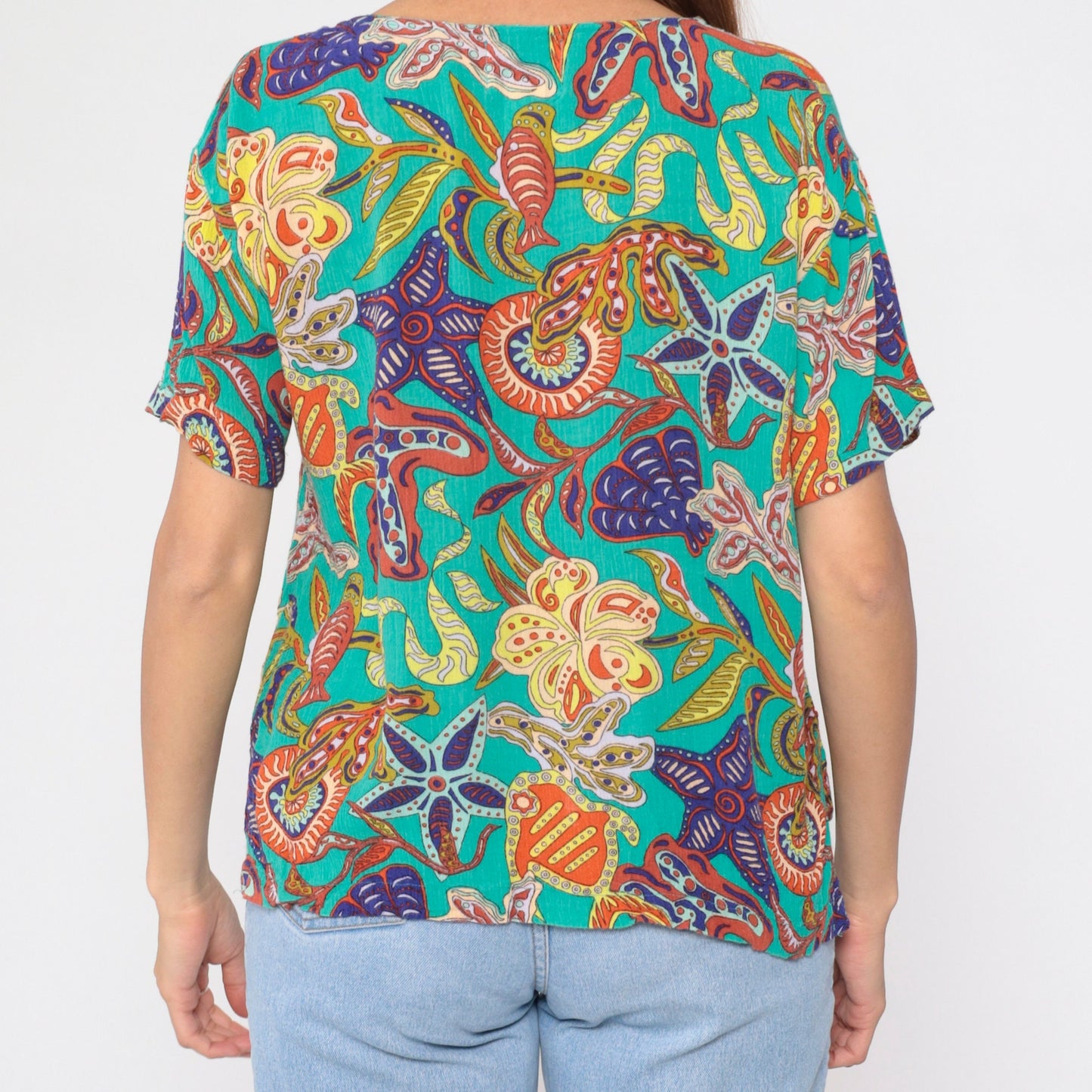 90s Under The Sea Print Rayon Blouse Turquoise Fish Starfish Small