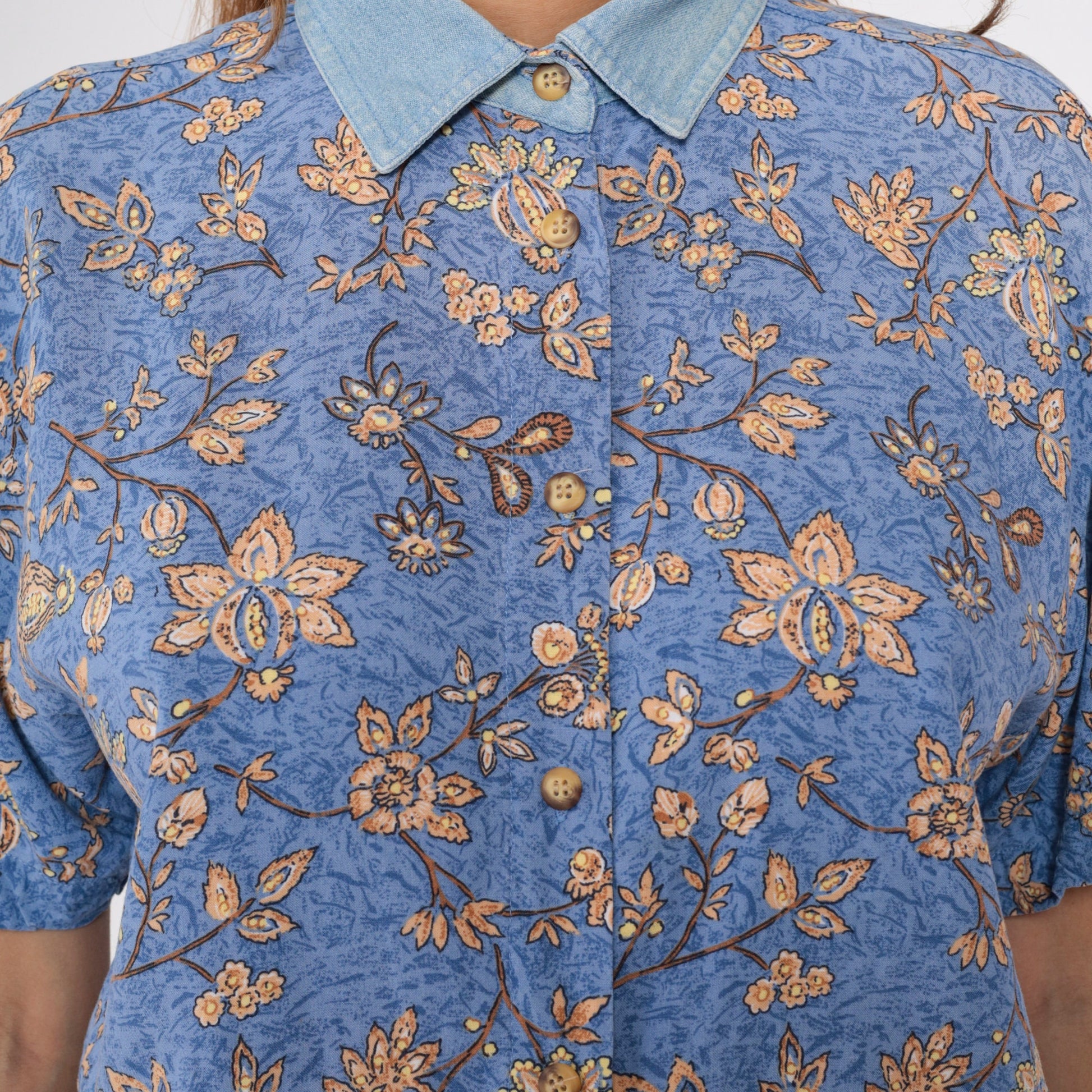90s Blue Floral Button-Up Blouse Denim Collar Short Sleeve Small S