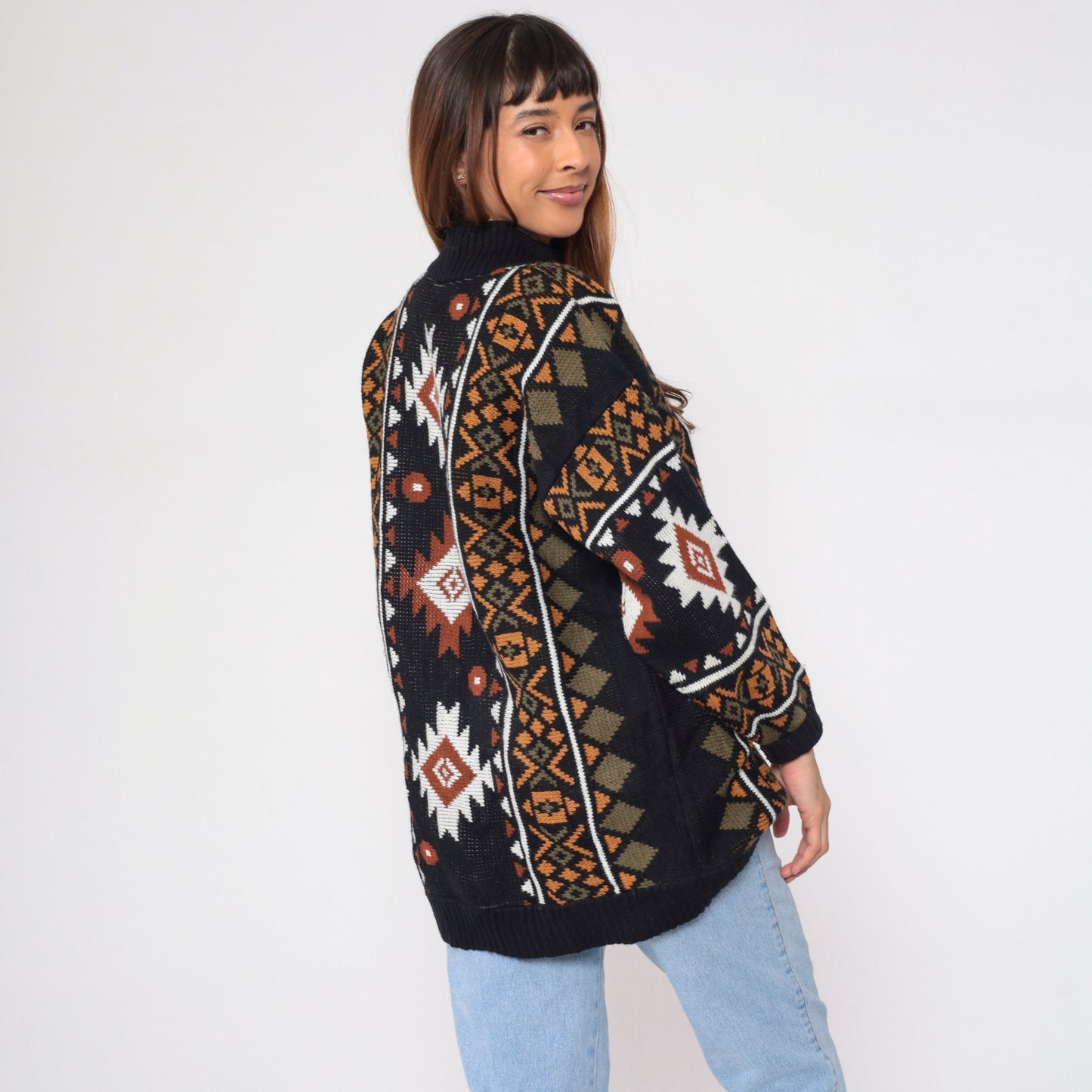 80s Southwestern Knit Turtleneck Sweater Black Geometric Print Large L