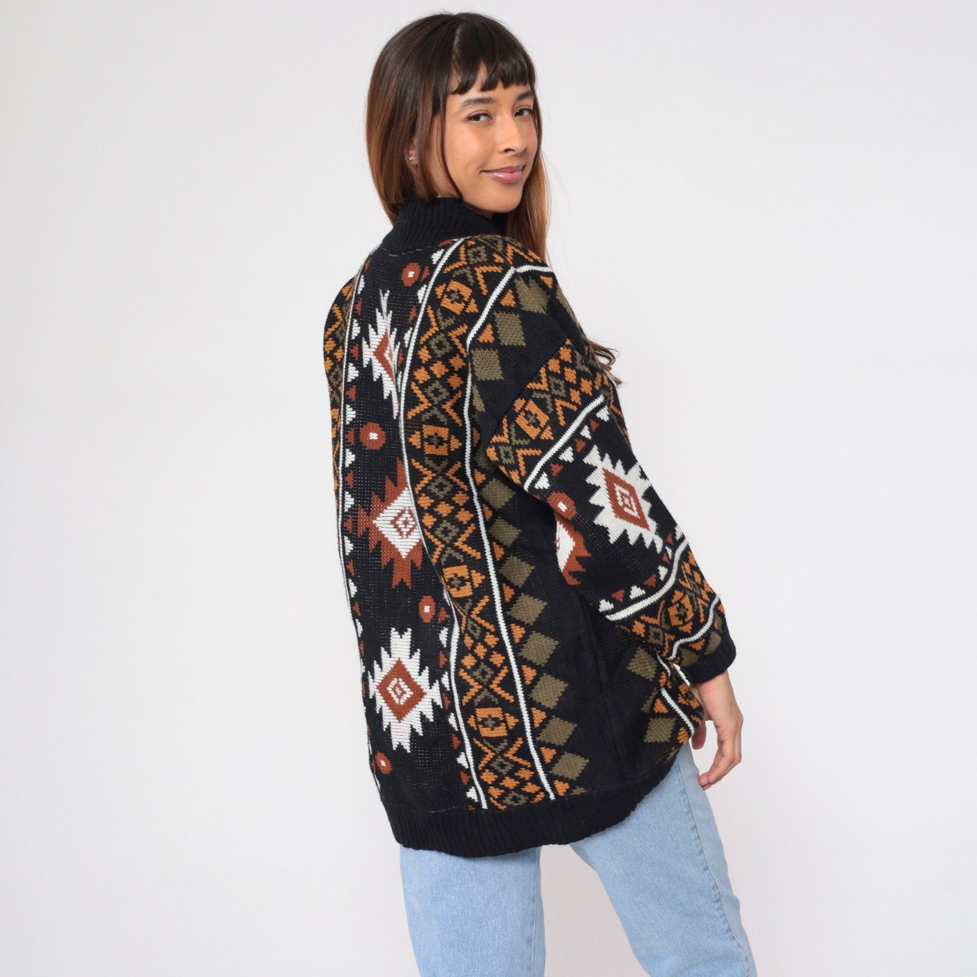 80s Southwestern Knit Turtleneck Sweater Black Geometric Print Large L