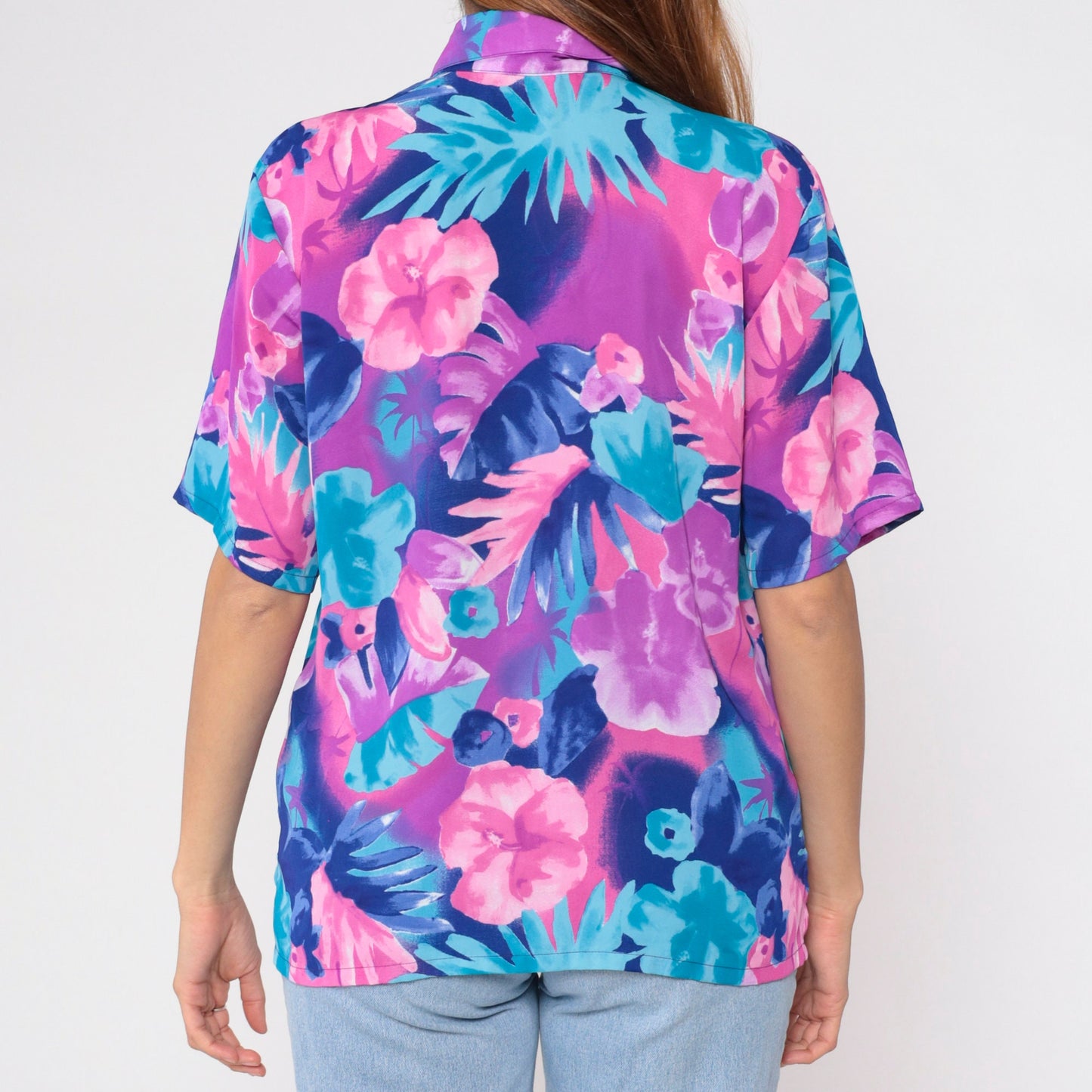 90s Bon Worth Hawaiian Floral Blouse Pink Purple Blue Short Sleeve Small