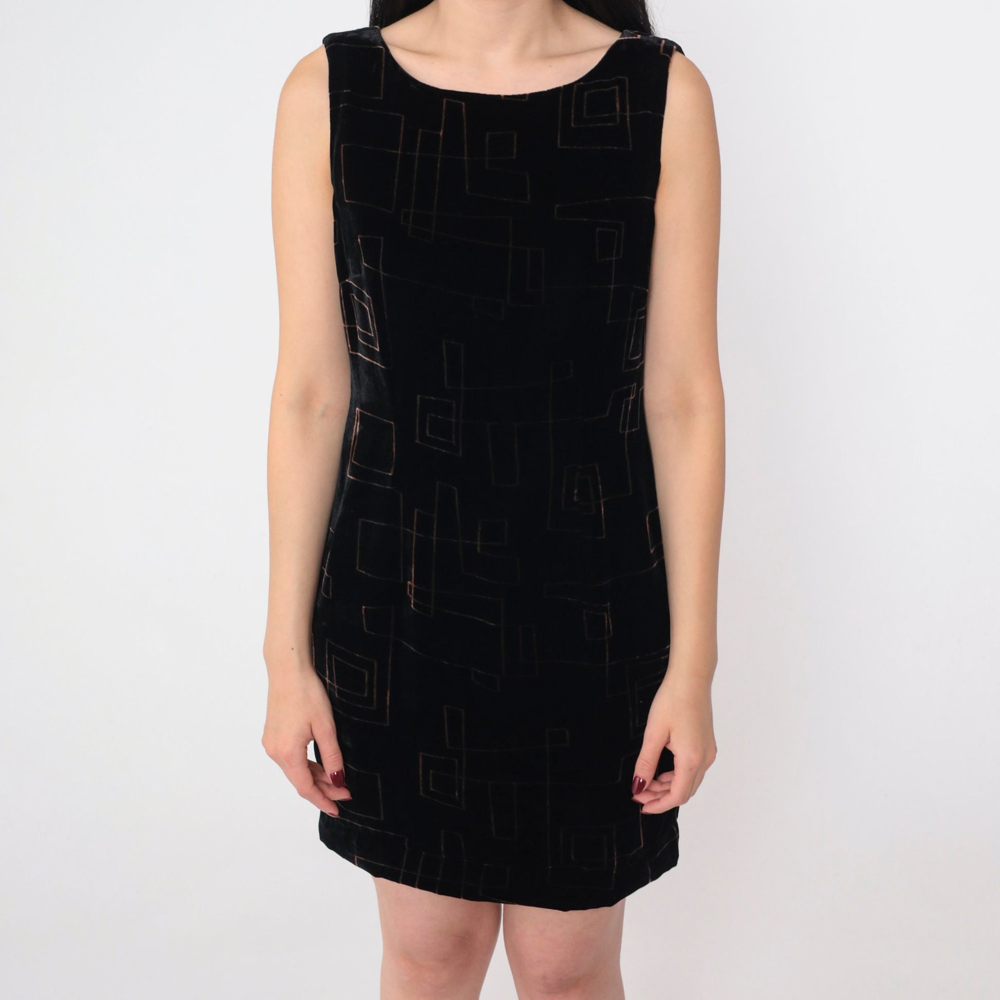 00s Jones New York Black Velvet Mini Dress Copper Geometric V Back Small
