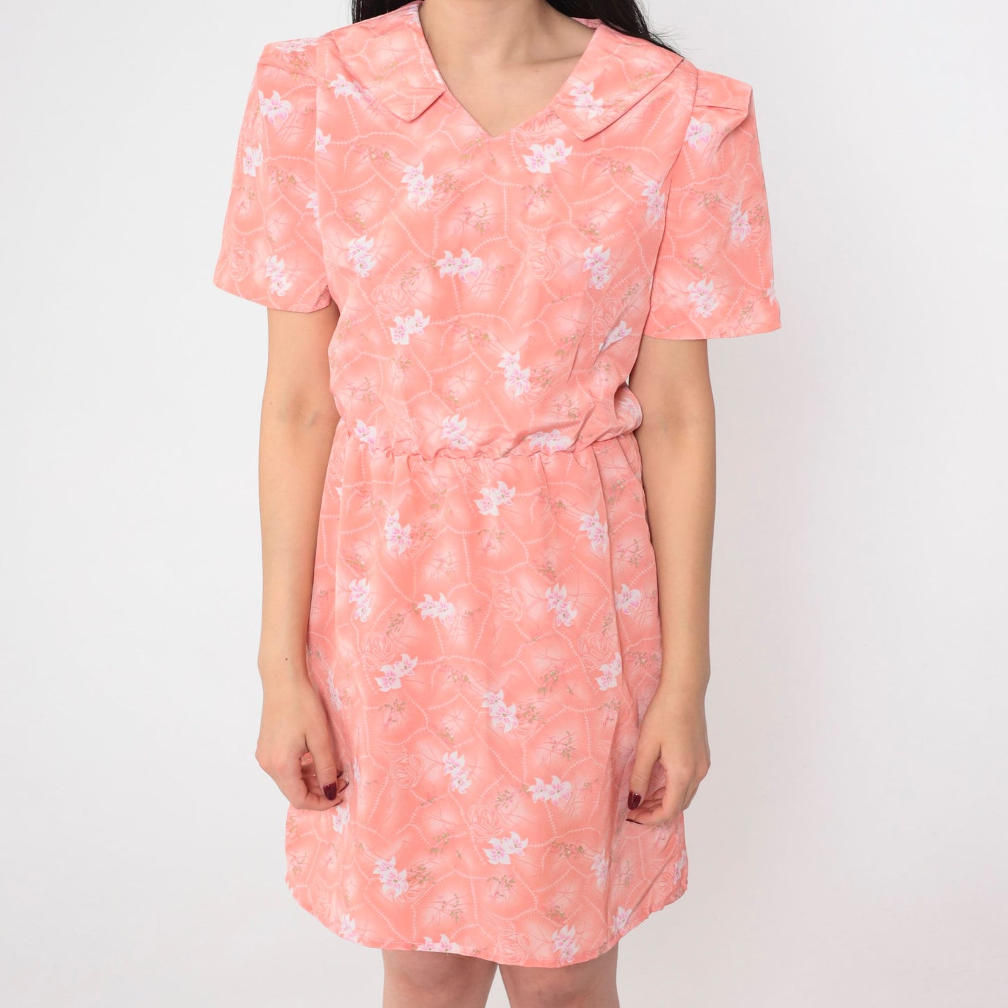 80s Pink Floral Mini Dress Puff Sleeve High Waisted Johnny Collar Small