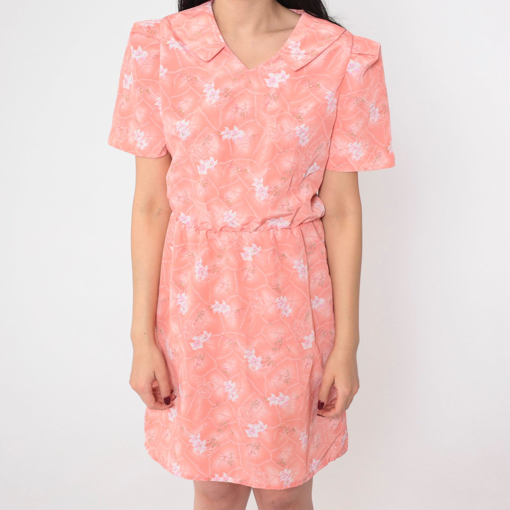 80s Pink Floral Mini Dress Puff Sleeve High Waisted Johnny Collar Small