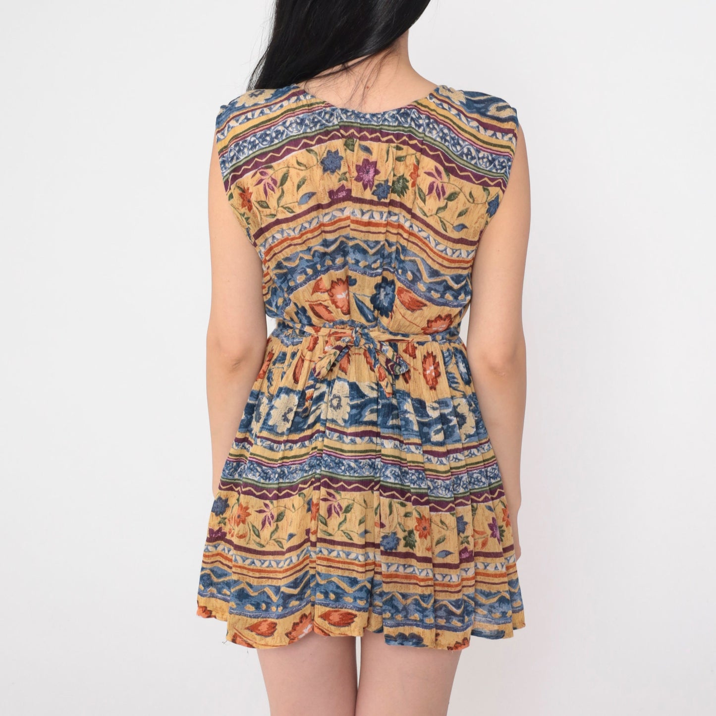 90s Floral Striped Mini Dress Sleeveless High Waist Button Front Petite Medium