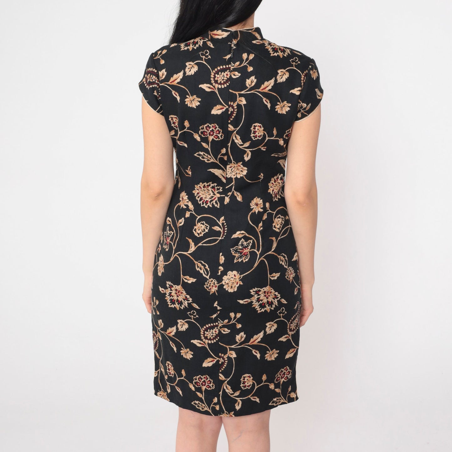 90s Black Floral Mini Dress Gold Red Asian Print Mandarin Collar Small