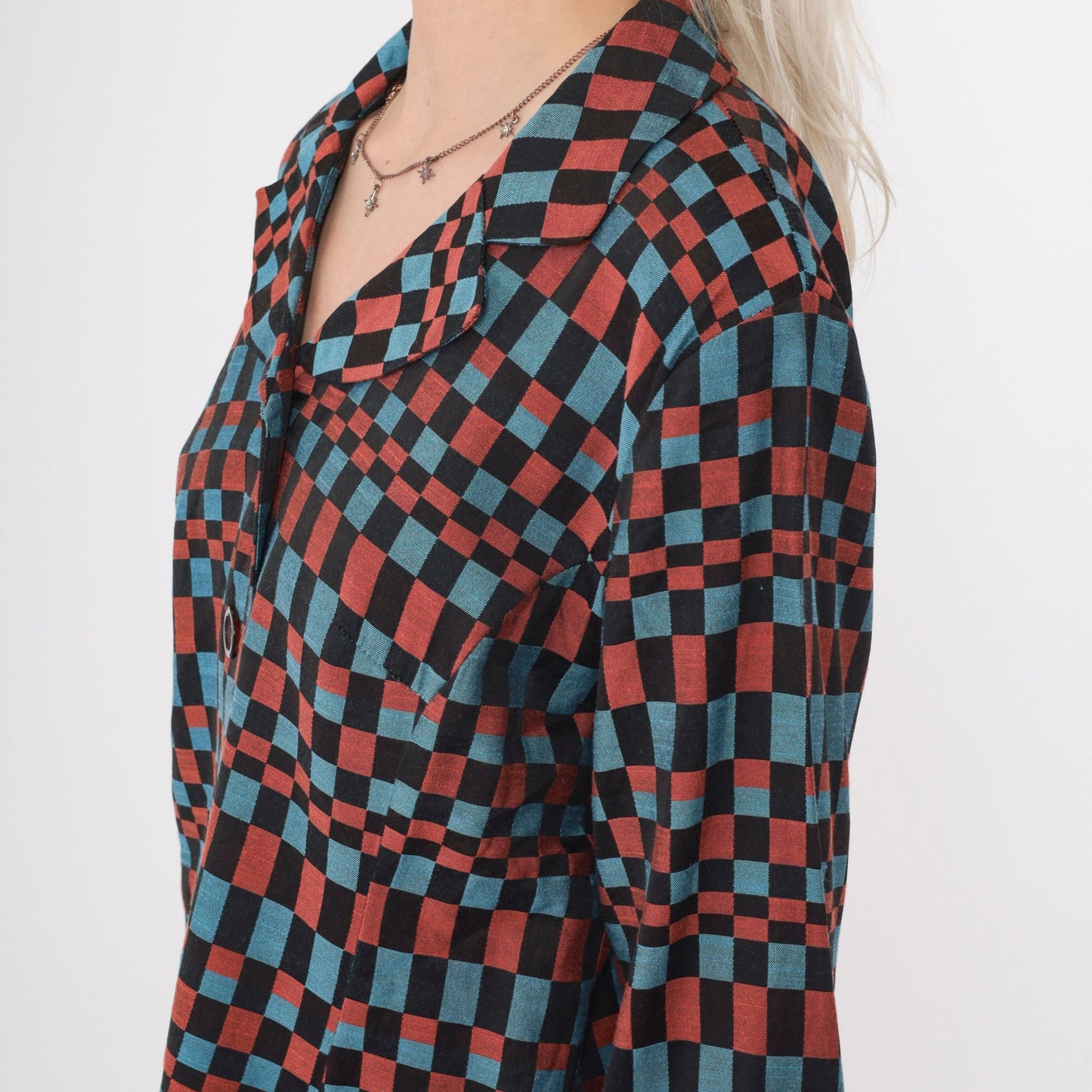 90s Checkered Blazer Black Blue Burnt Orange Op Art Print Medium