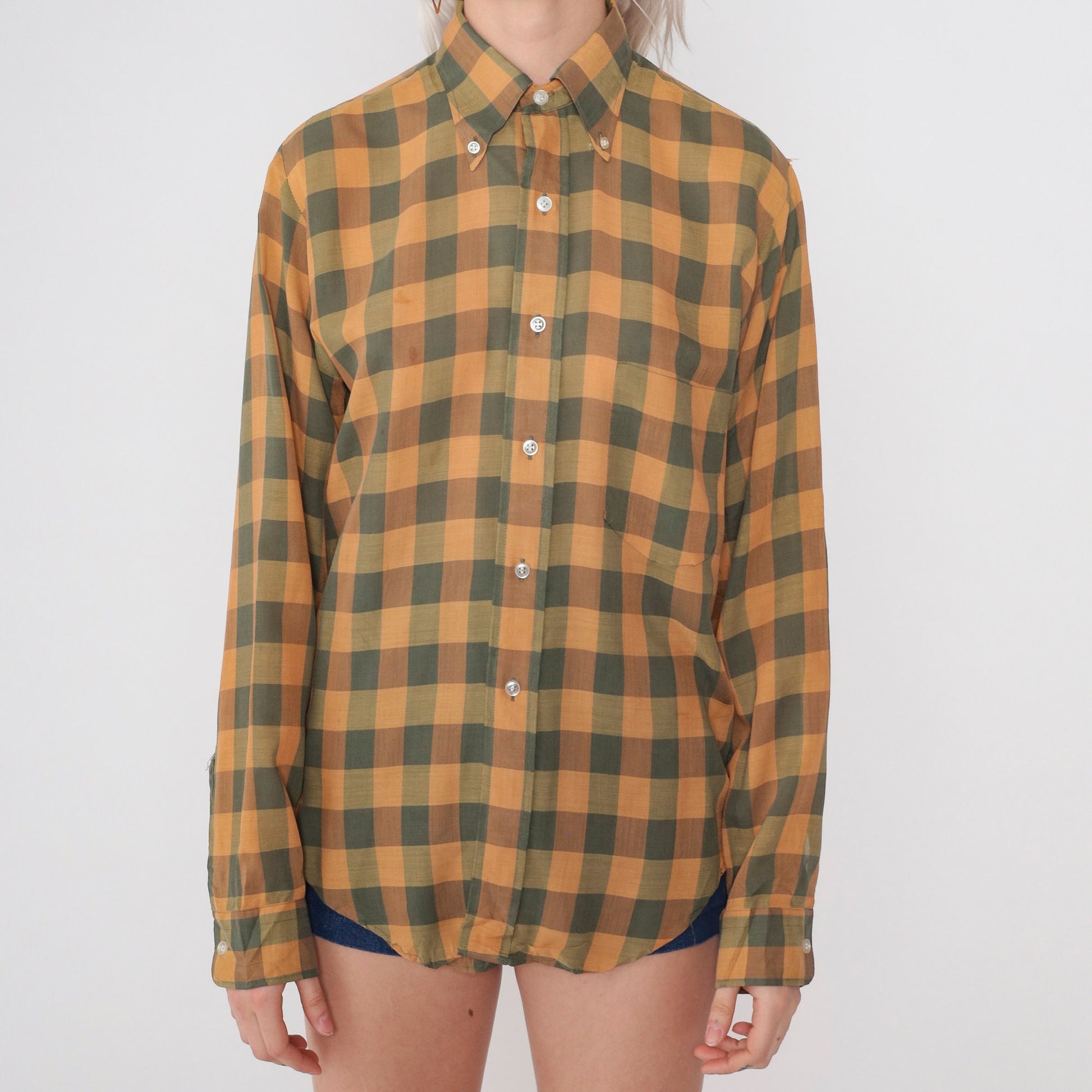 70s Buffalo Plaid Button-Up Shirt Orange Grey Collared Long Sleeve Men's Small