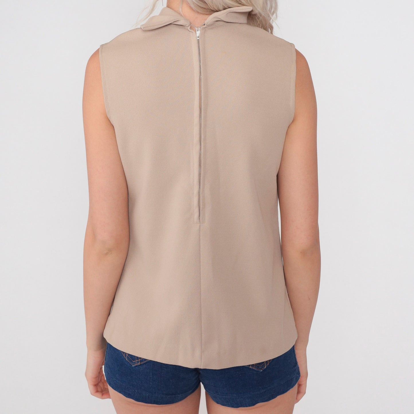 70s Taupe Ascot Tank Top Sleeveless Blouse Rear Zip Small