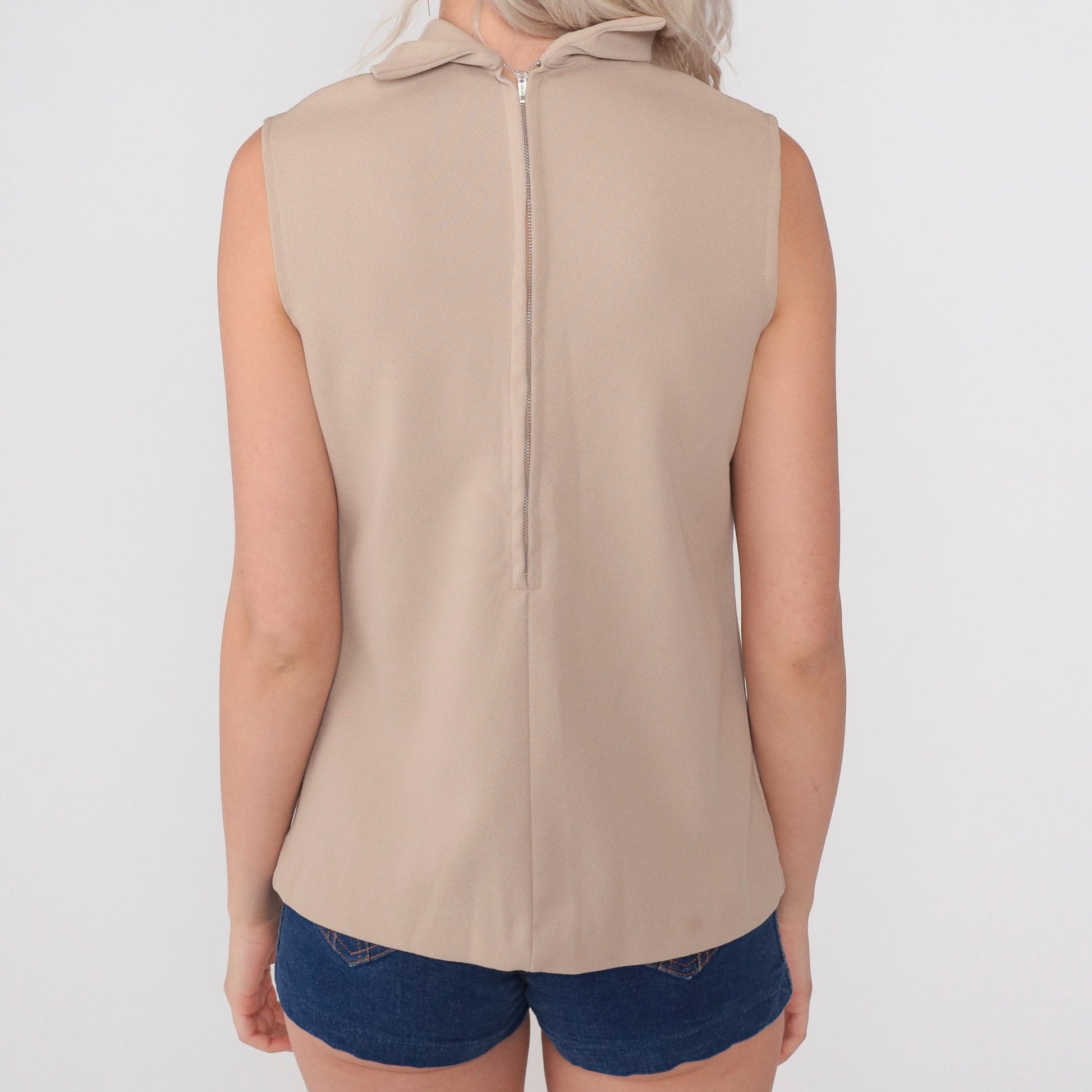 70s Taupe Ascot Tank Top Sleeveless Blouse Rear Zip Small