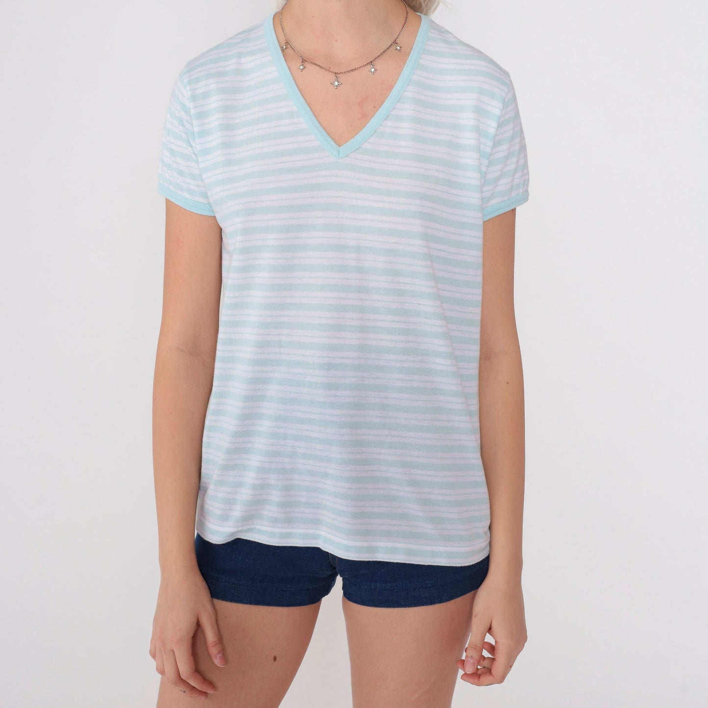 80s Striped V-Neck T-Shirt Baby Blue White Cotton Ringer Tee Medium