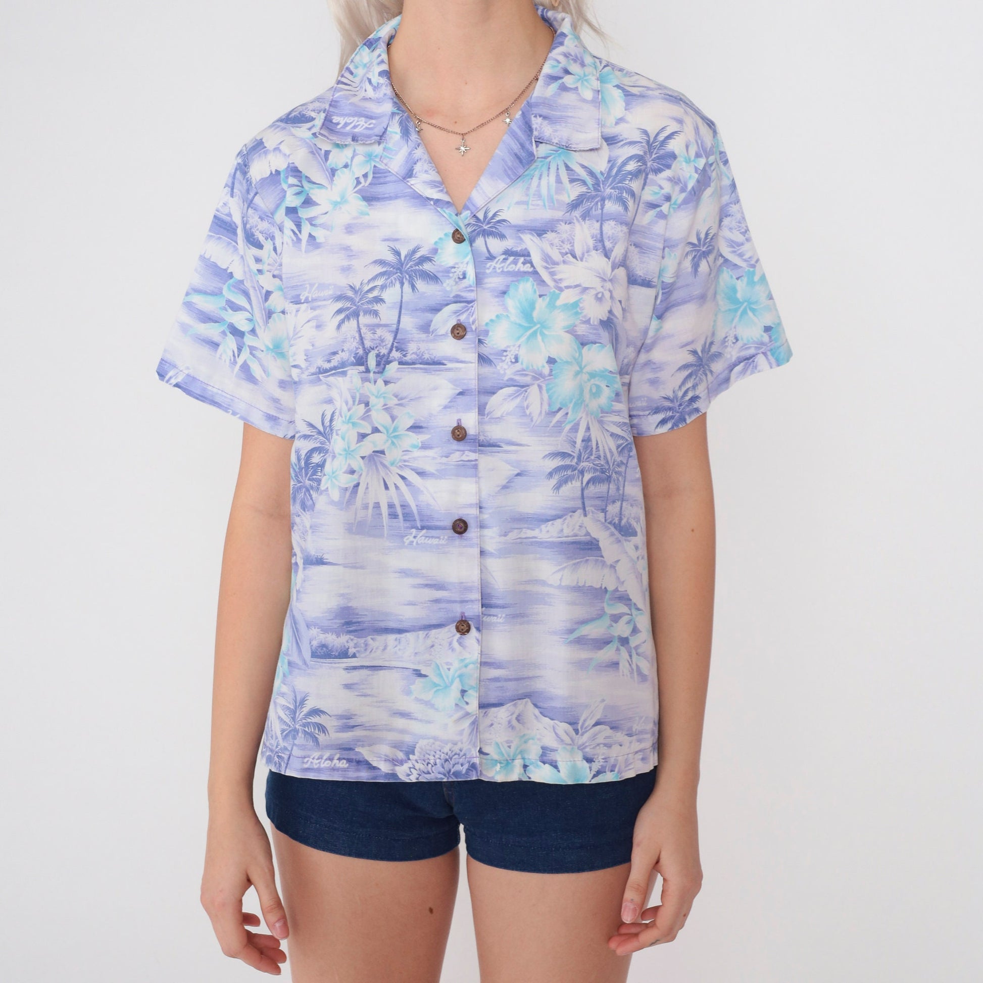 90s Purple Hawaiian Shirt Tropical Floral Aloha Print Button Up Medium M