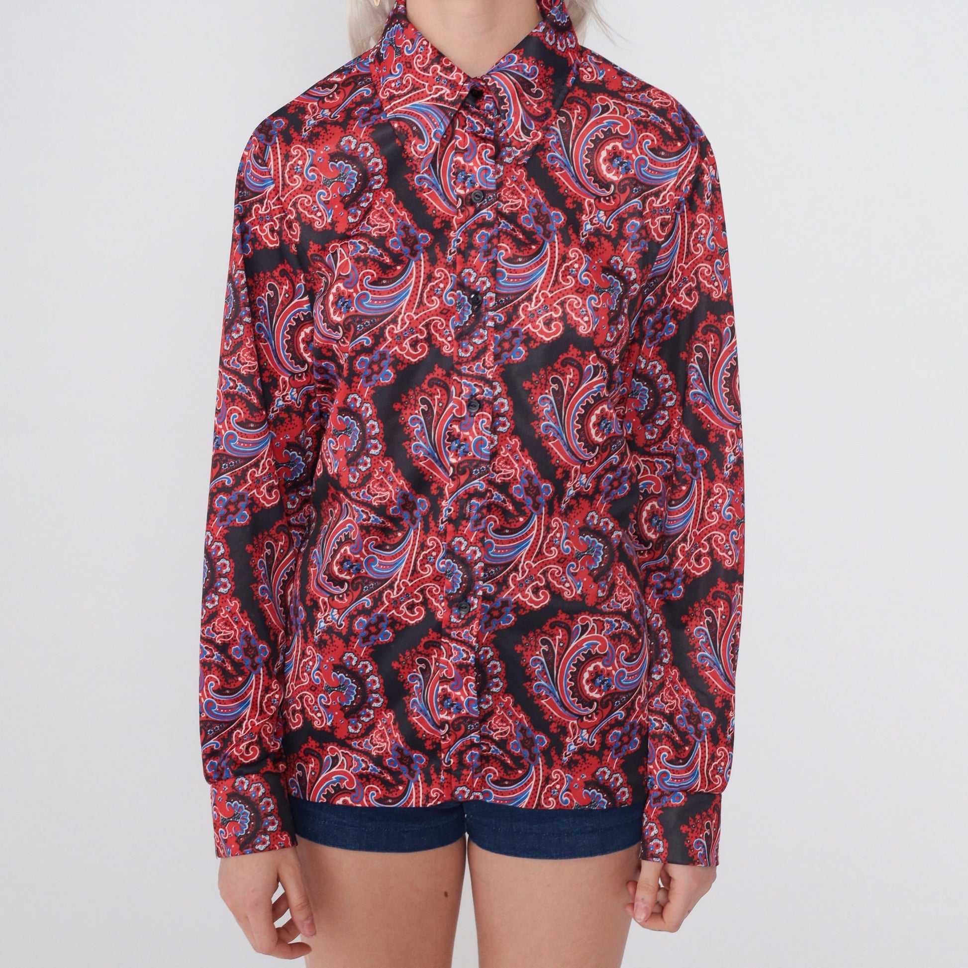 70s Disco Paisley Print Button-Up Blouse Long Sleeve Pointed Collar Black Red Blue Medium