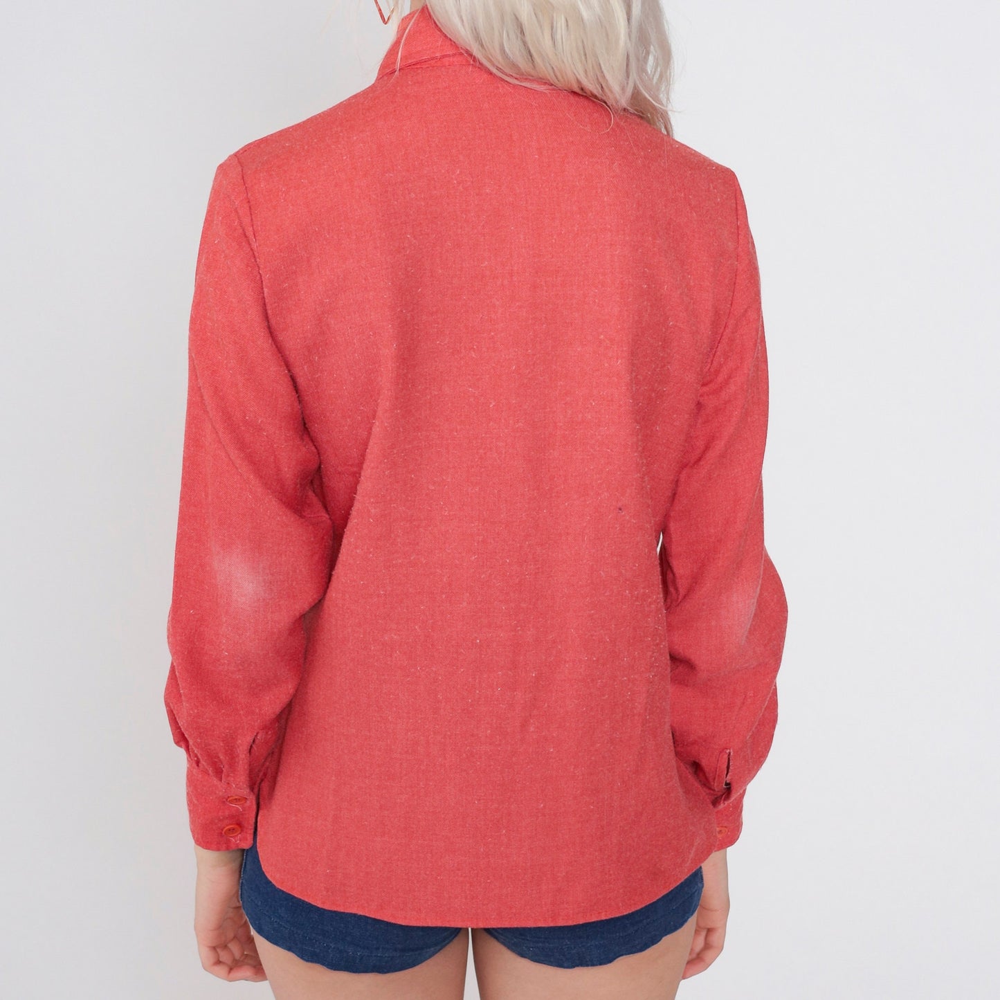 70s Lady Manhattan Red Button-Up Blouse Dagger Collar Long Sleeve Medium