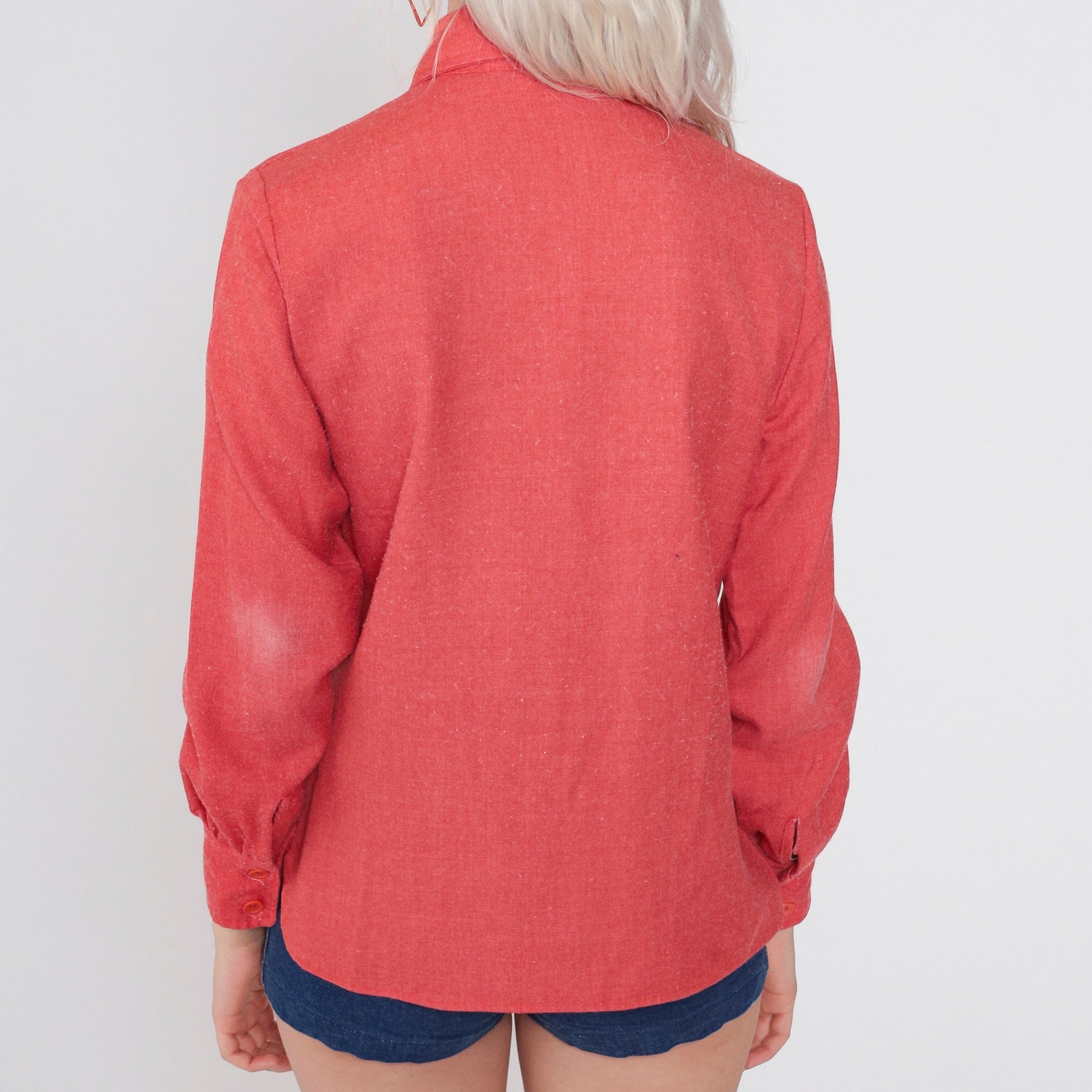 70s Lady Manhattan Red Button-Up Blouse Dagger Collar Long Sleeve Medium