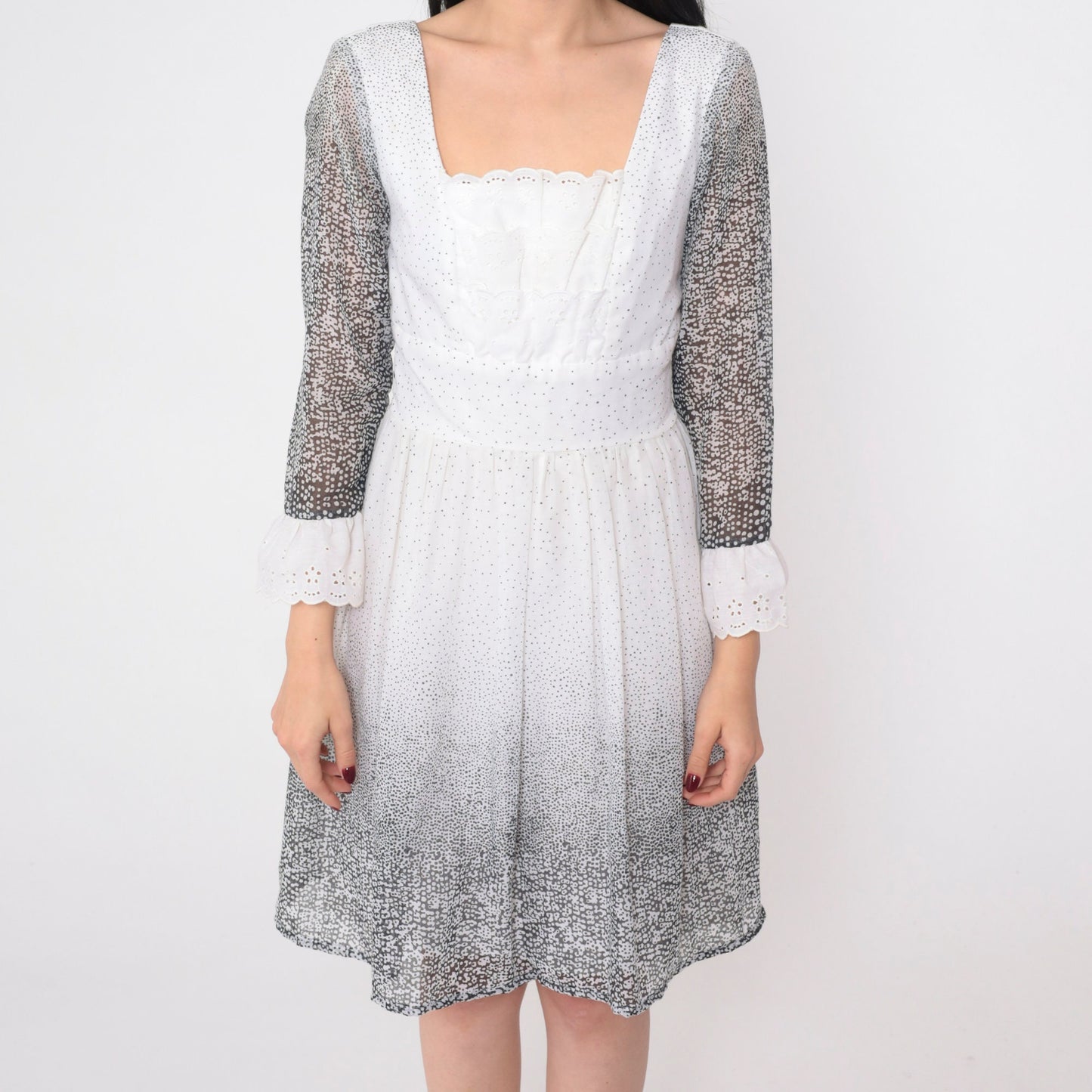 70s Black and White Eyelet Lace Mini Dress Long Sleeve Bow Small Medium
