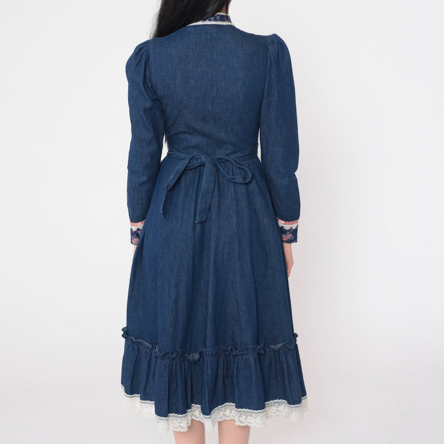 70s Gunne Sax Prairie Dress Blue Denim Calico Floral Puff Sleeve Midi XXS