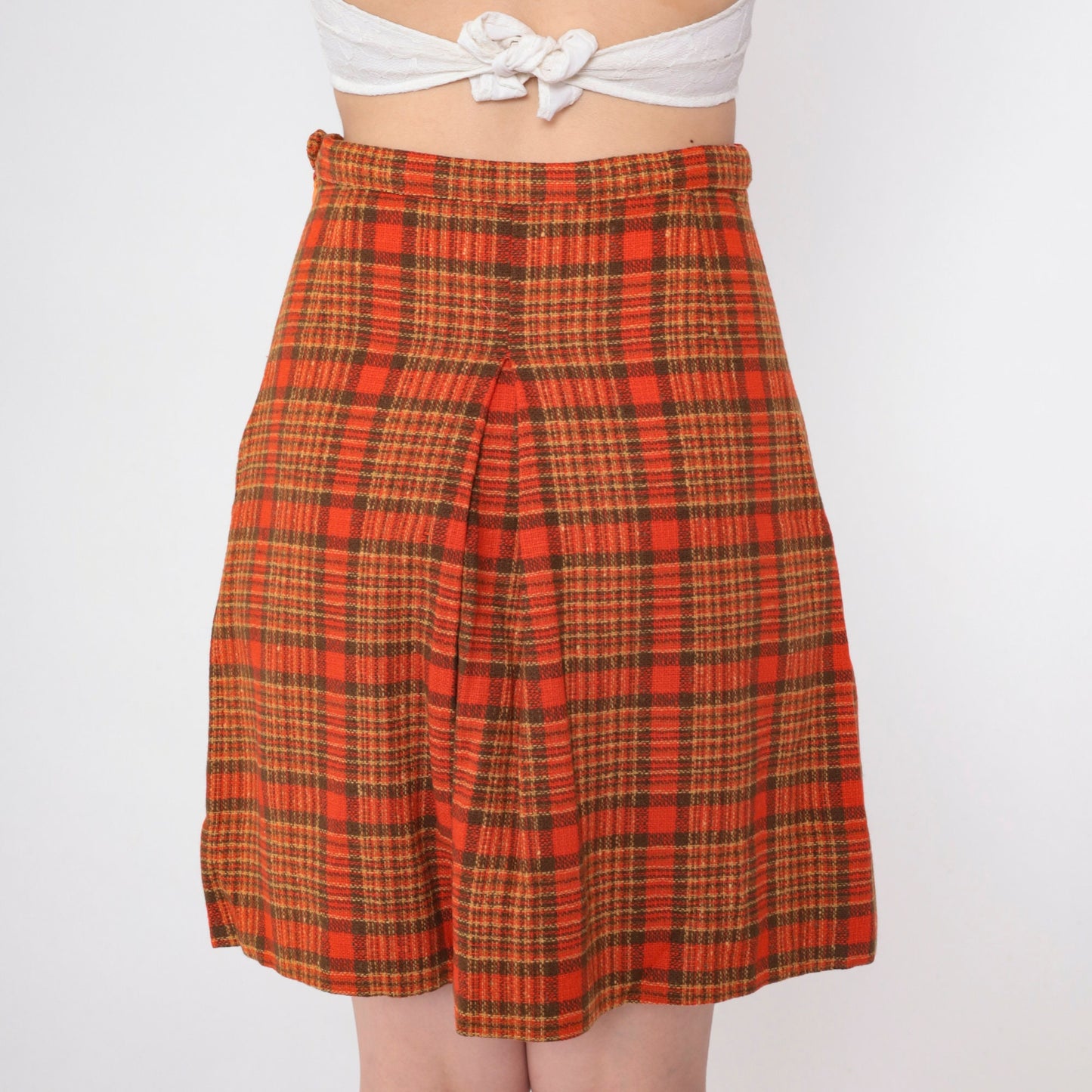 60s Red Plaid Wool Blend Mini Skirt High Waisted Pleated Small