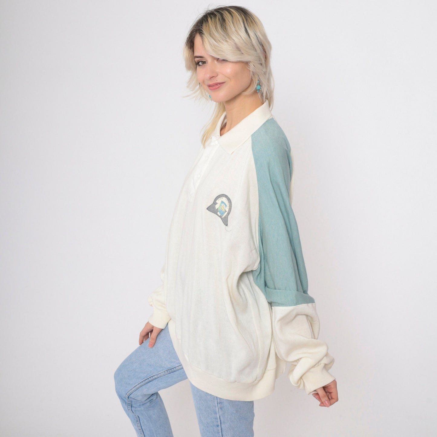 80s High Altitude Castle Mountain Raglan Sweatshirt Cream Striped Sleeve XXL