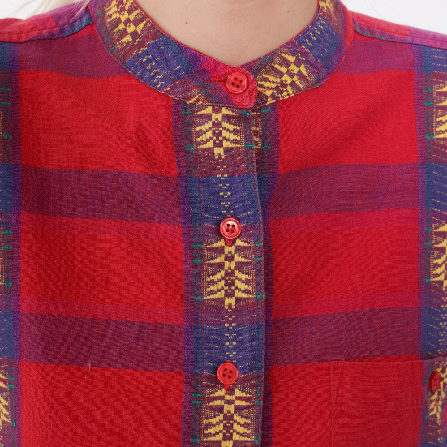 90s Backroad Blues Checkered Shirt Red Purple Geometric Embroidery Mandarin Collar Small