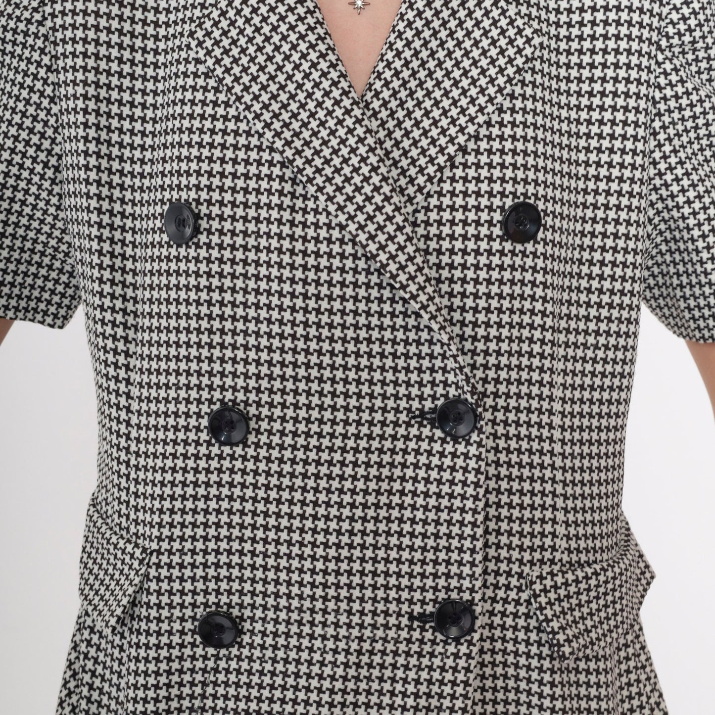 90s Houndstooth Double Breasted Blouse Black White Checkered Button Up Small