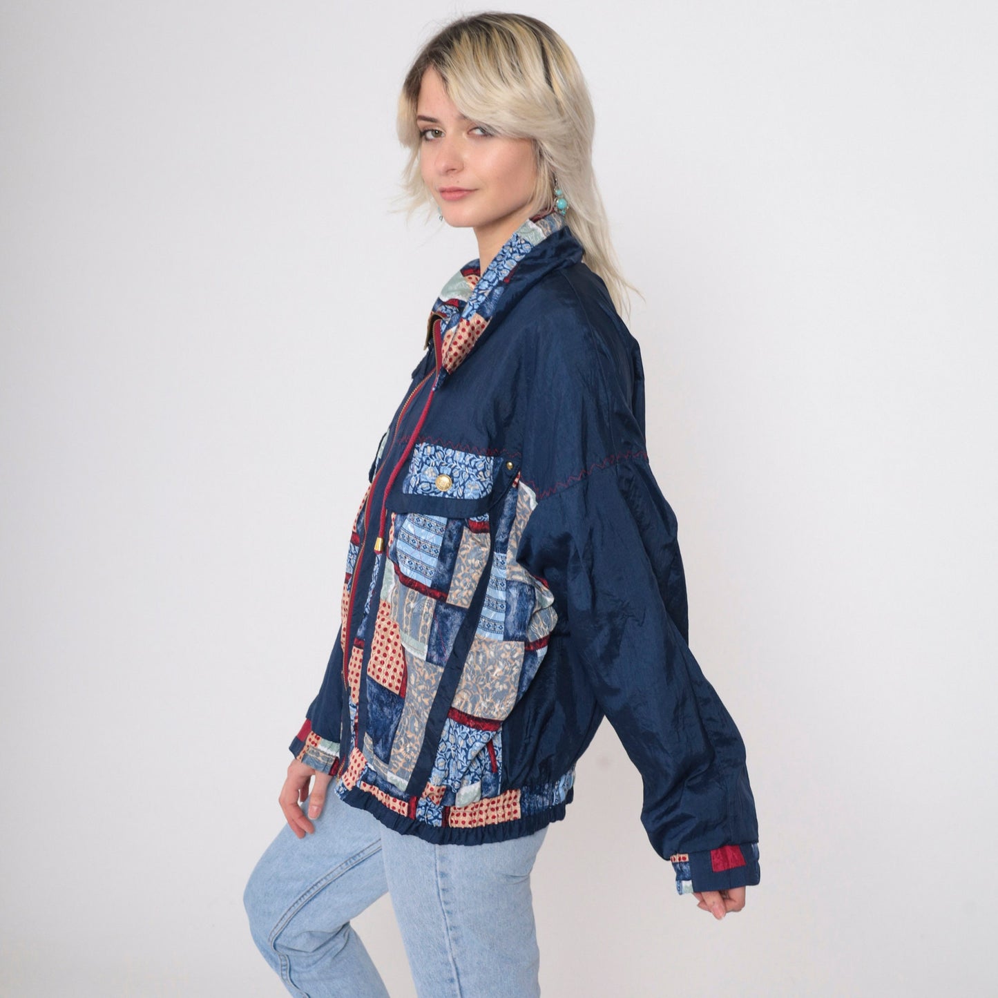 90s Patchwork Windbreaker Blue Zip Jacket Floral Geometric Polka Dot Large L