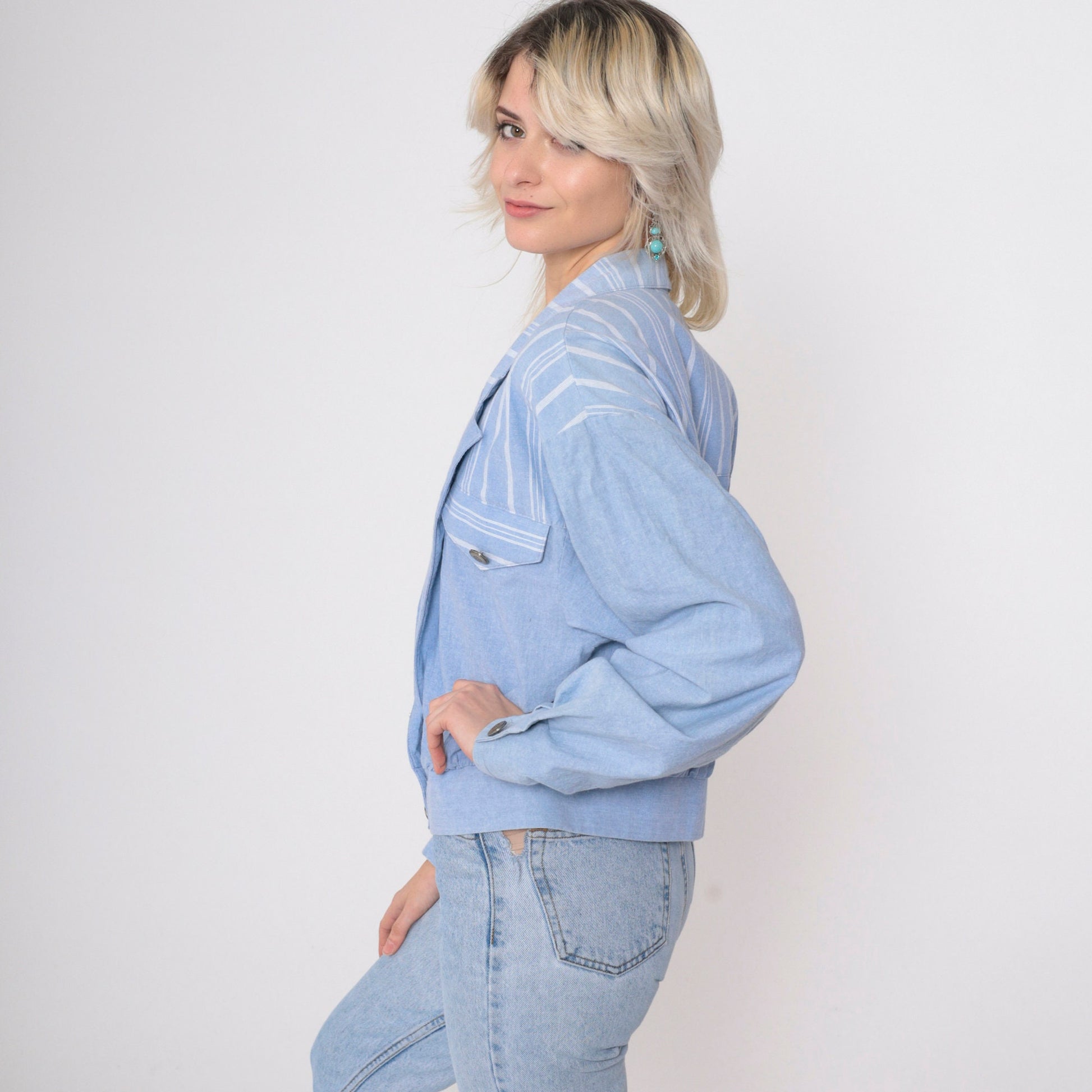 90s Ali Miles Chambray Blazer Blue Striped Deep V Neck Button Jacket Large
