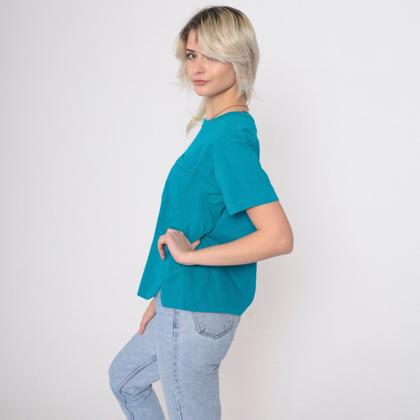 90s Liz Claiborne Turquoise T-Shirt Chest Pocket Cutout Crewneck Small